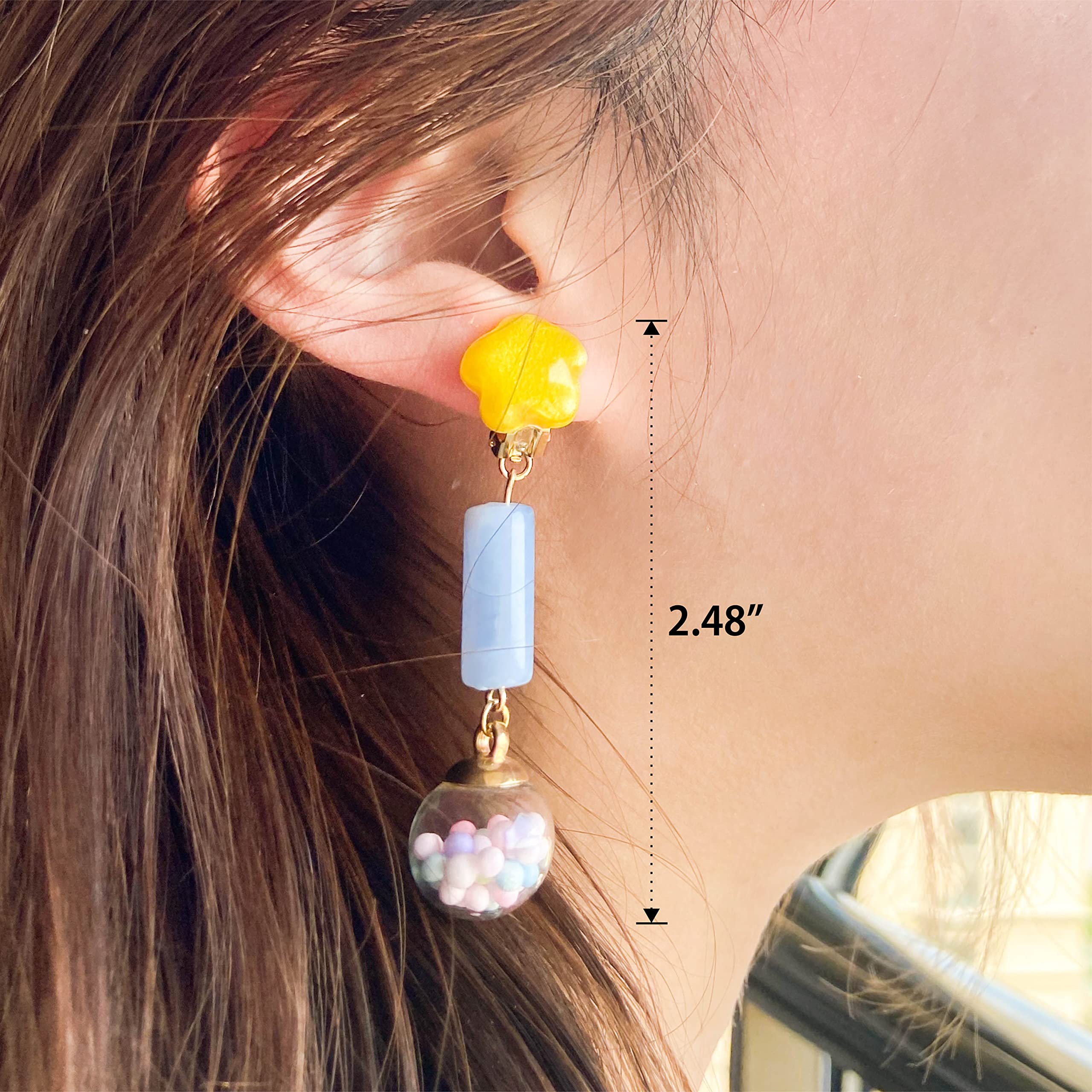 Francese Clip Orecchini Donna Argento 925 Handmade Originale Pendenti Gioielli Senza Buco Sfera di Vetro con Perline Colorate Orecchini Finti per Ragazza Anallergici Ideale Regalo per Donna Bambina