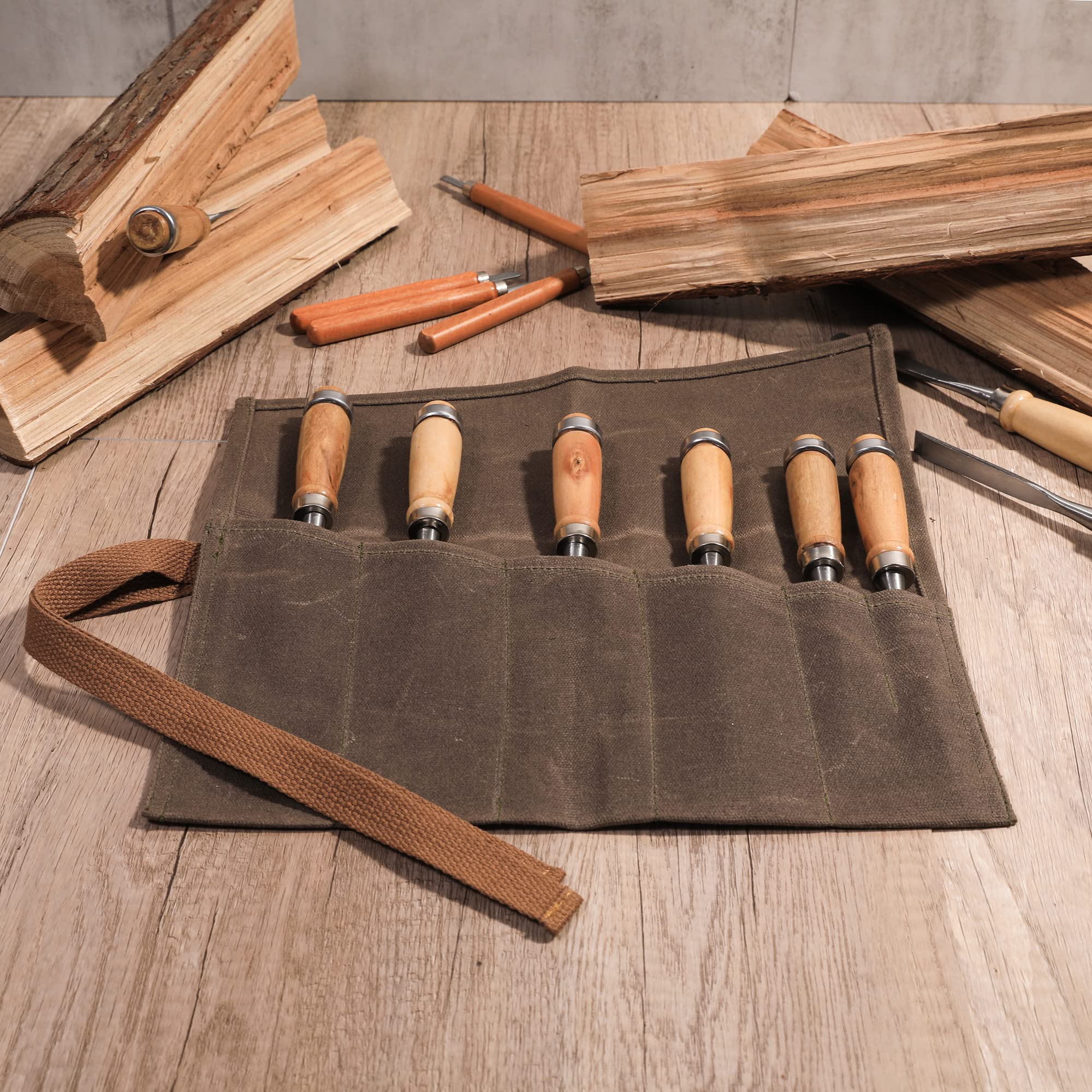 Rollo de herramientas con 6 bolsillos, bolsa enrollable de lona encerada para cinceles, martillos, plantillas de pesca, cuchillo de talla (gris)