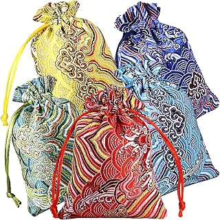 Pinowu 10pcs Silk Brocade Drawstring Jewelry Pouches 4x5.5in - Embroidered Party Favor Bags for Weddings, Birthdays, Candy & Gifts (5 Colors, Thick)