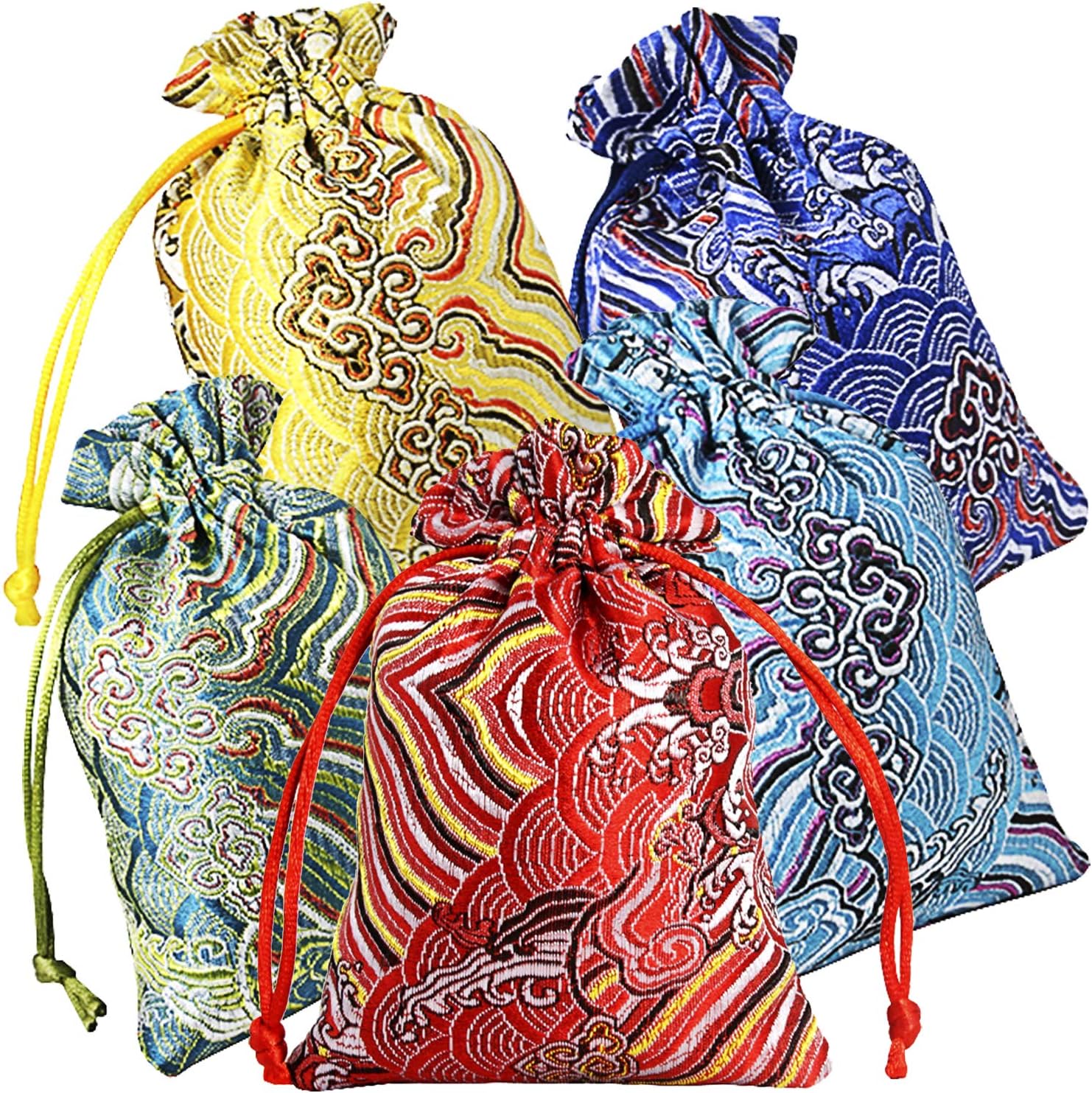 Pinowu Silk Brocade Jewelry Pouch Bag 10x14cm (10pcs) for Wedding Party Favors, Drawstring Coin Purse Embroidered Sachet Candy Chocolate Bag for Christmas New Year Birthday Party