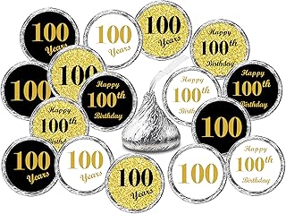 100th Birthday Kisses Stickers, (Set of 324) Chocolate Drops Labels Stickers for 100 Birthday, Party Favors Decor for Kisses. Made in USA, 9 Designs (36 of Each)