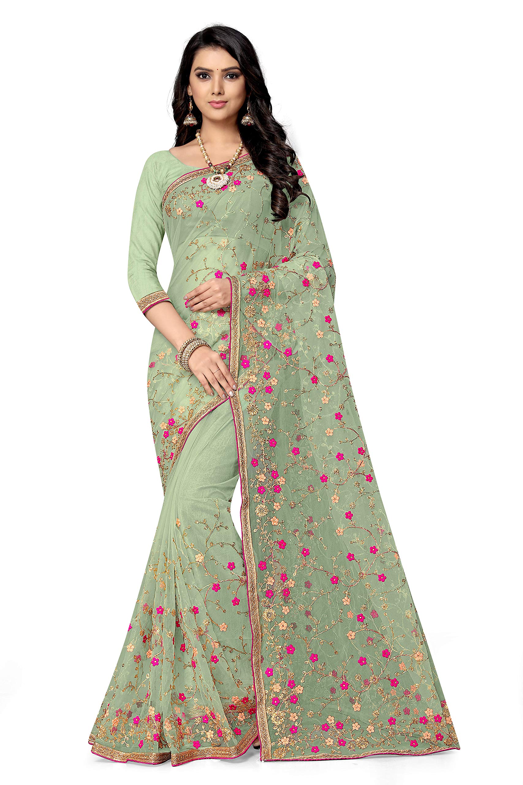 SERONA FABRICSWomen's Embroidered Work Net Saree With Blouse Piece, Pista, 5.5m