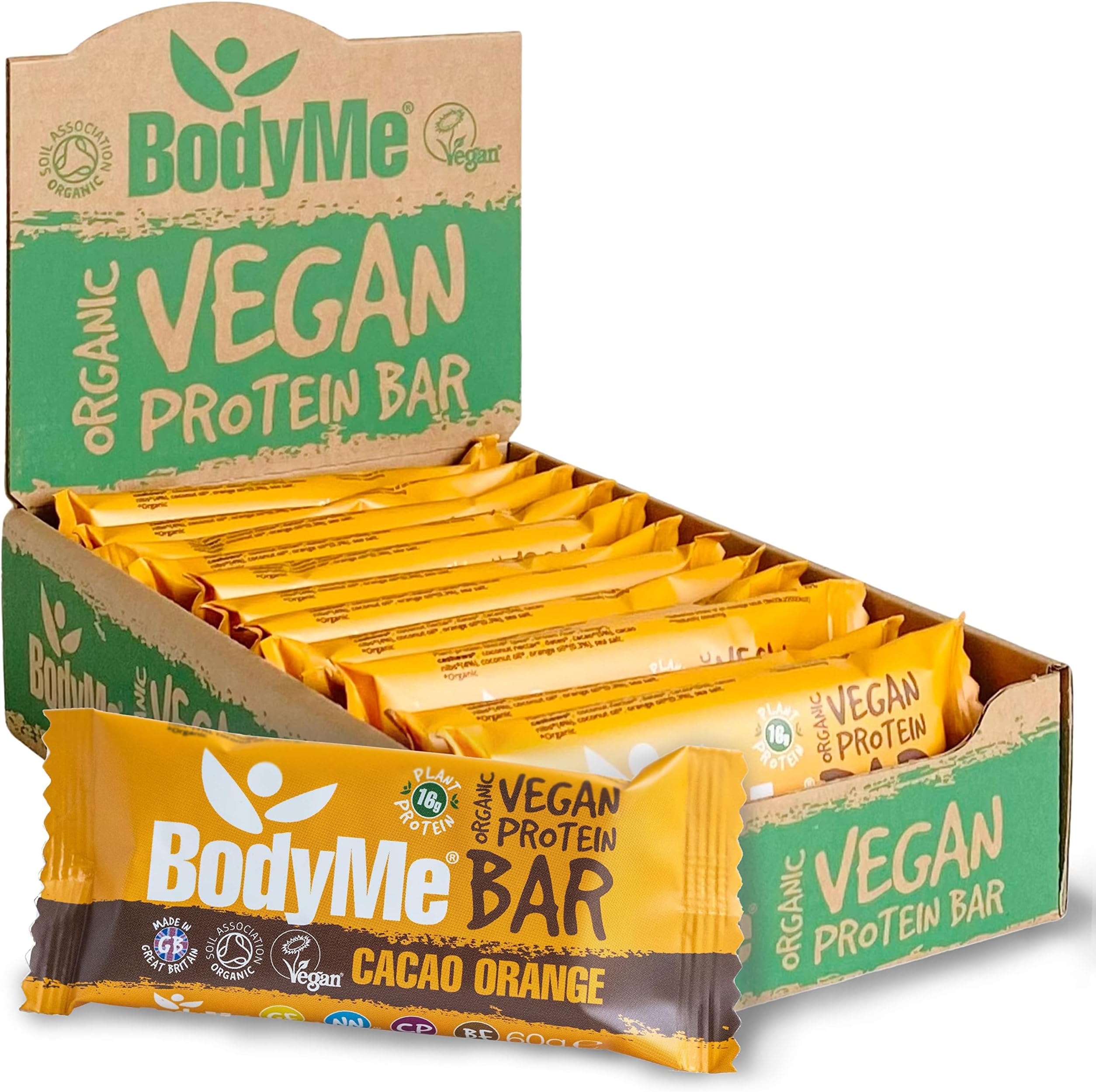 BodyMe Organic Vegan Protein Bar | Raw Cacao Orange | 12 x 60g Protein Snack Bars | Gluten Free | 16g Complete Protein | 3 Plant Proteins with All Essential Amino Acids | High Protein Vegan Snacks