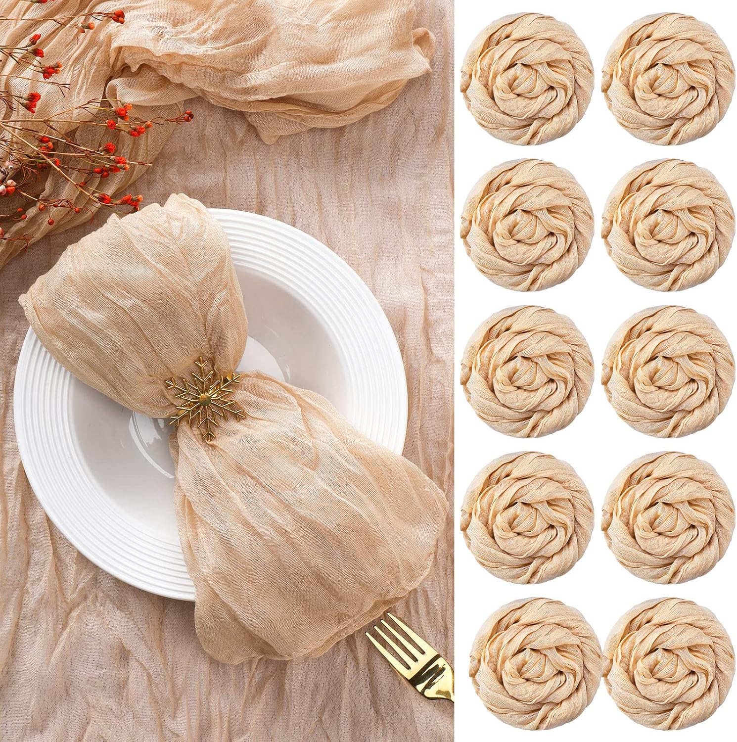 mixweer 54 pack cheesecloth napkins 20 x 20 inch washable gauze napkins wrinkled boho cotton dinner table decor for wedding bridal baby shower birthday party easter(camel)