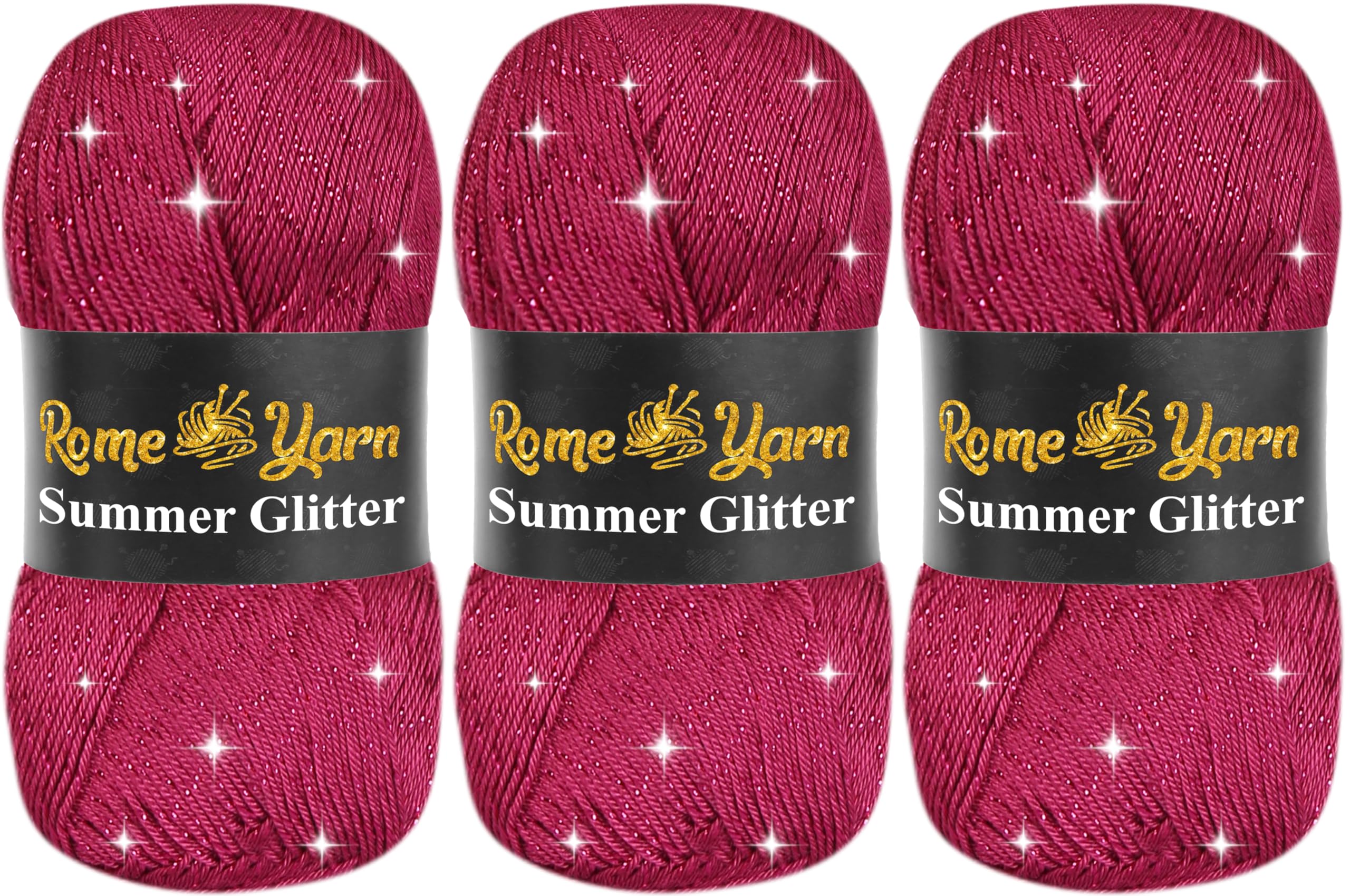 Summer Glitter Yarn 3 Pack (3 x 100g) | Metallic Sparkle Lace Yarn | Soft Anti-Pilling Acrylic Microfiber | Fine Yarn #2 | Silky Satin Texture | 340m Each for Knitting & Crochet (747 Dark Plum) โ image 1
