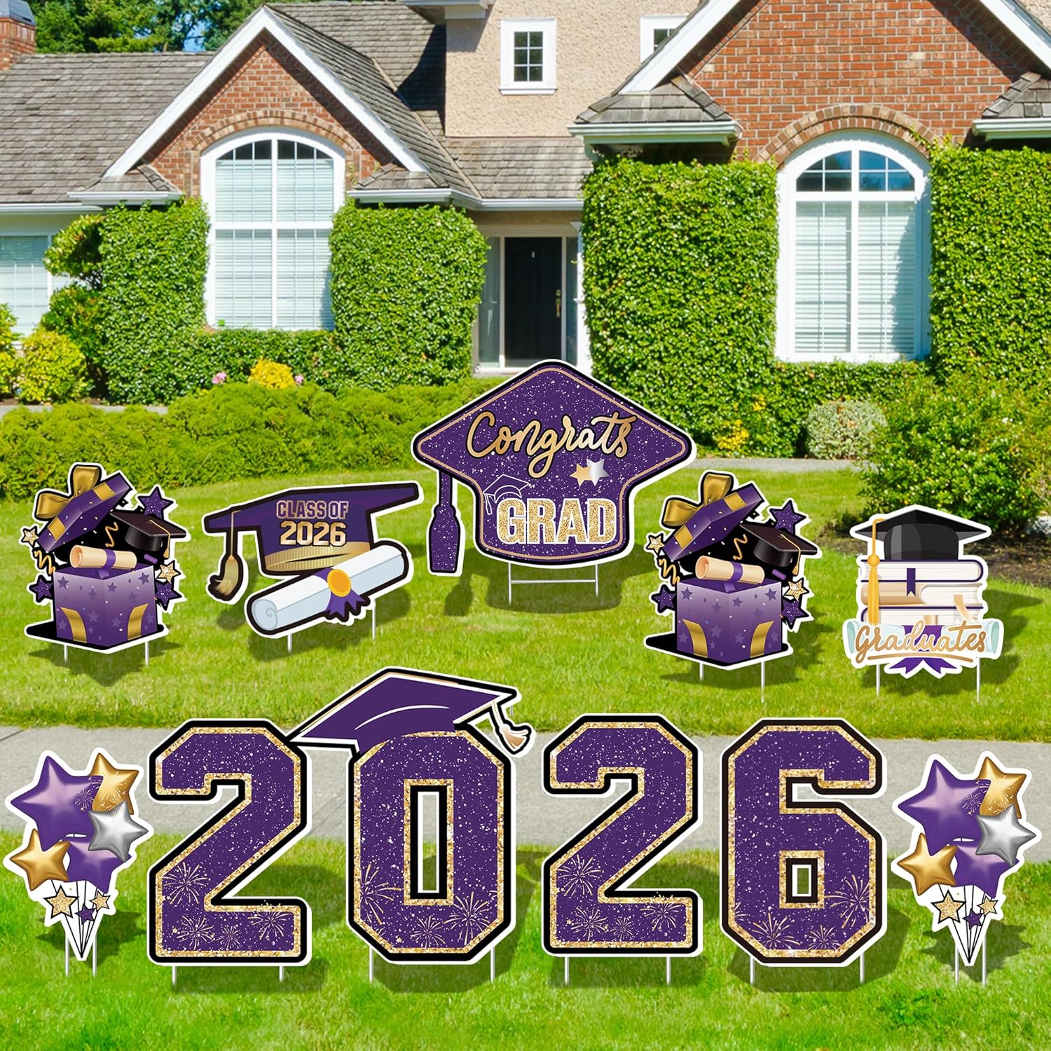 Large 11 PCS Graduation Yard Signs, Class of 2026 Congrats Grad Outdoor Lawn Yard Sign with Stakes, Graduate Yard Decorations for College High School Party, Purple and Gold
