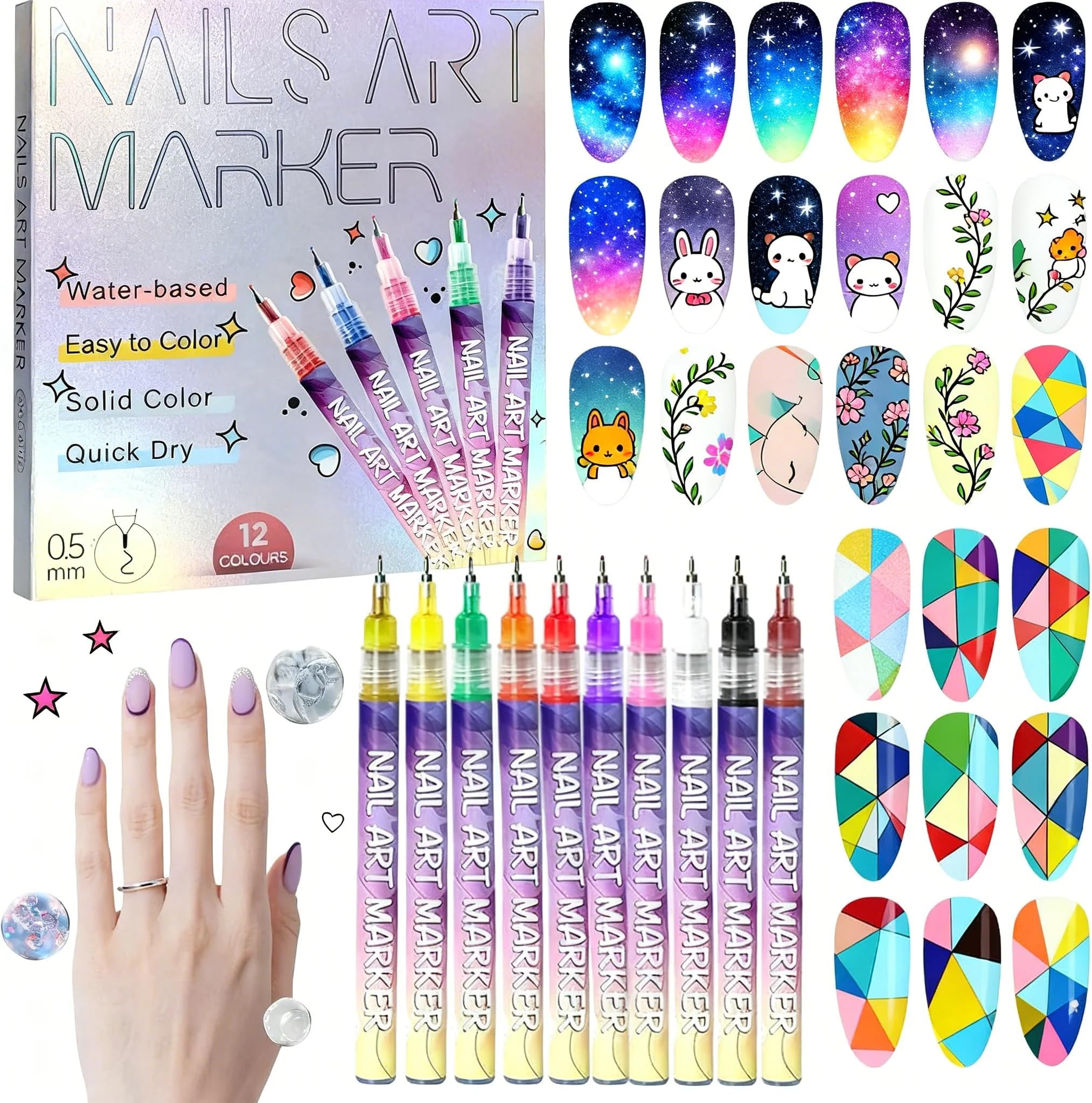 12 Colors Nail Art Pens Set, 2025 Upgrade Nail Art Markers for Gel Nails, DIY Quick Dry Graffiti Dotting Point Liner Pens, 3D Nail Polish Pens for Painting, Nails Art Drawing Tool