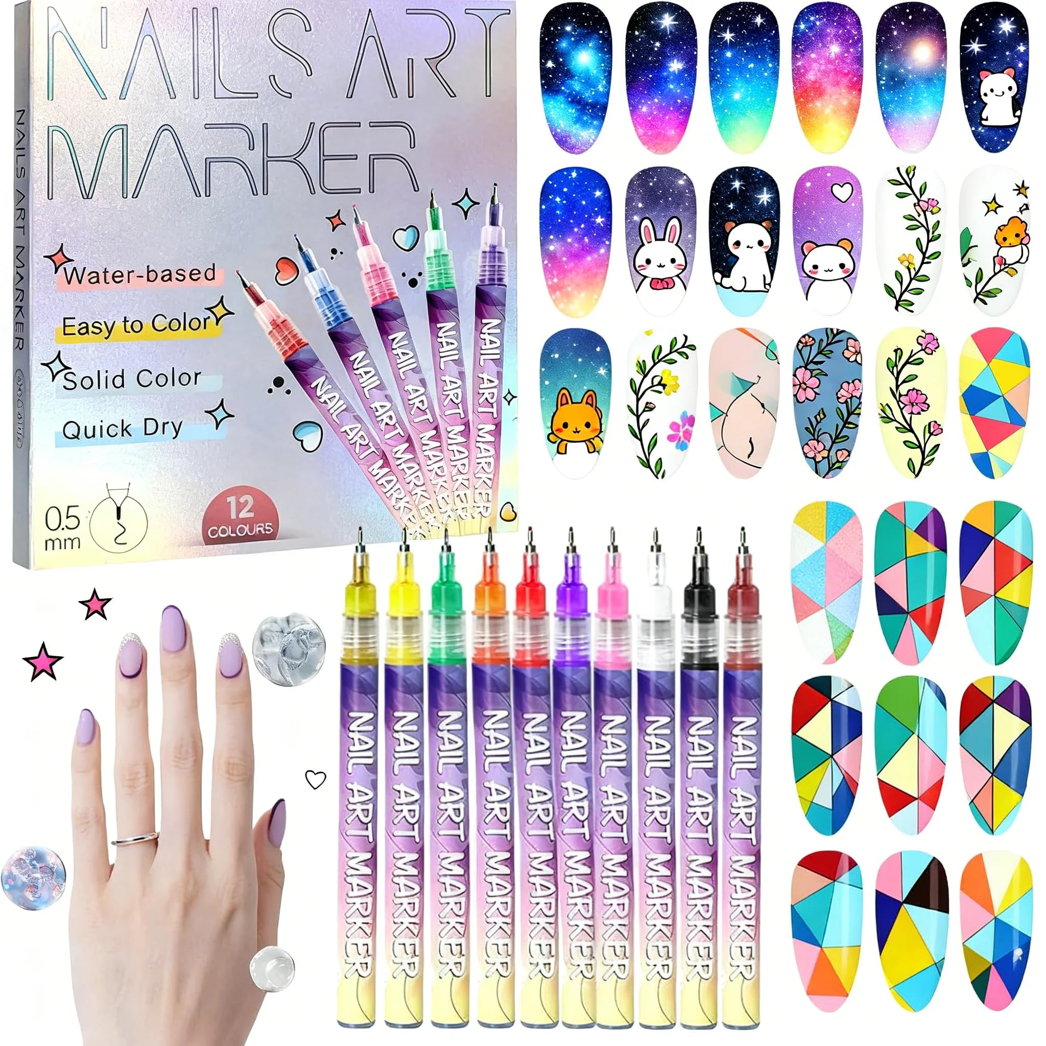 Stylo 3D Nail Art Professionnel - Kit de 12 Feutres Vernis à Ongles avec Pointe Métallique Fine 0.5mm, pour deco ongle nail art, Graffiti (12 Couleurs)