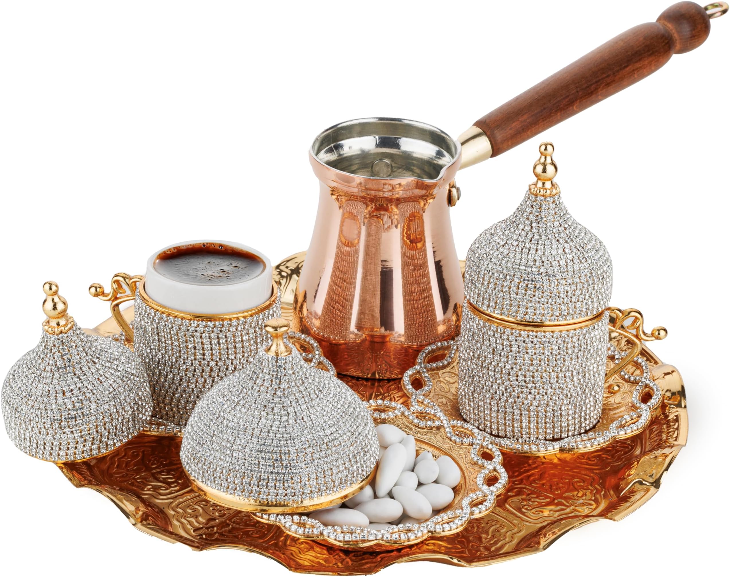 DEMMEX Turkish Greek Arabic Coffee Making and Serving Full Set with Cups Saucers Lids Sugar Bowl Tray and Copper Coffee Pot, Hand Decorated with Gold Crystals, 12 Pcs (Crystals)