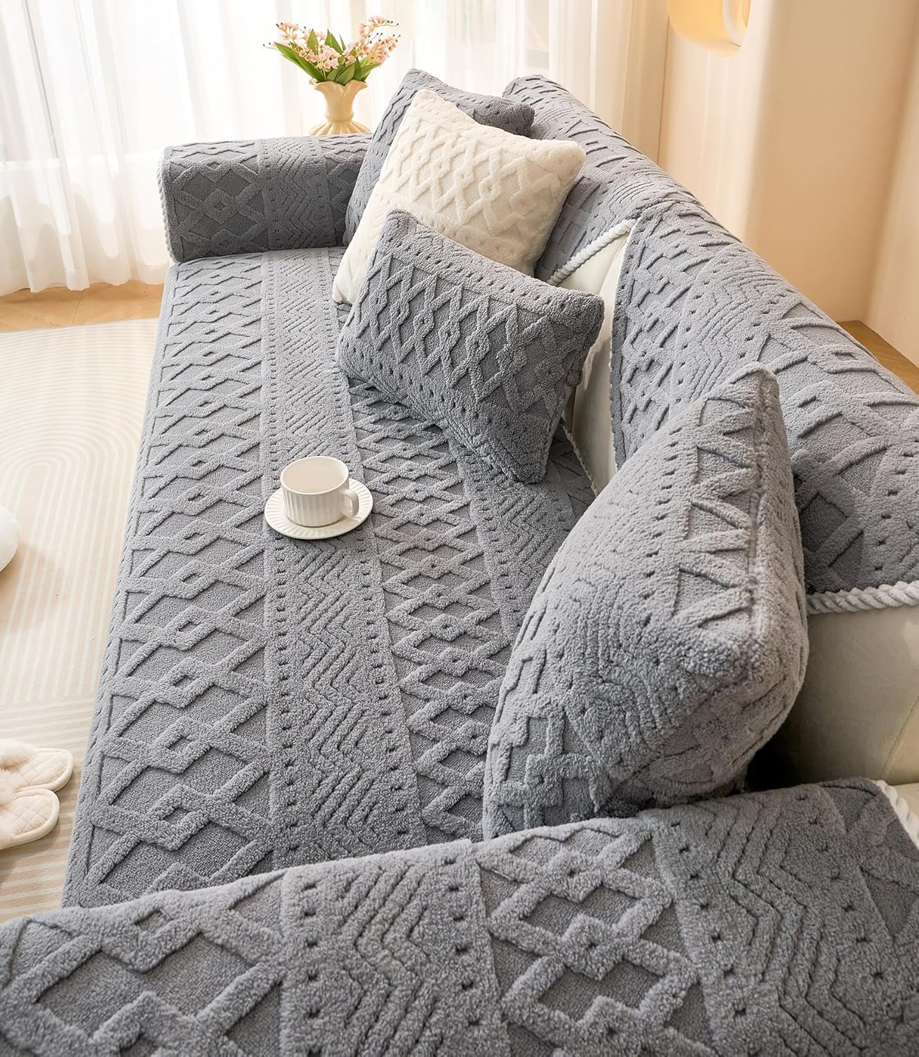 vctops Boho Jacquard Plush Sofa Cover Fluffy Fuzzy Couch Cover for Dogs Soft Cozy Non Slip Sectional Sofa Slipcover Washable Furniture Protector for Kids, Pets (Grey,43"x82")