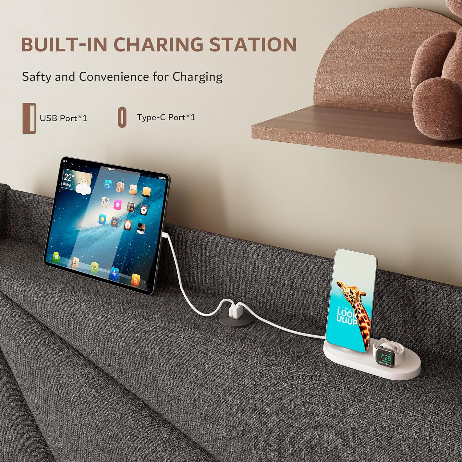 iPormis Twin Size Bed Frame with Charging Station, Linen Platform Bed Frame with Wingback Upholstered Headboard, Solid Wood Slats Support, No Box Spring Needed, Easy Assembly, Dark Grey