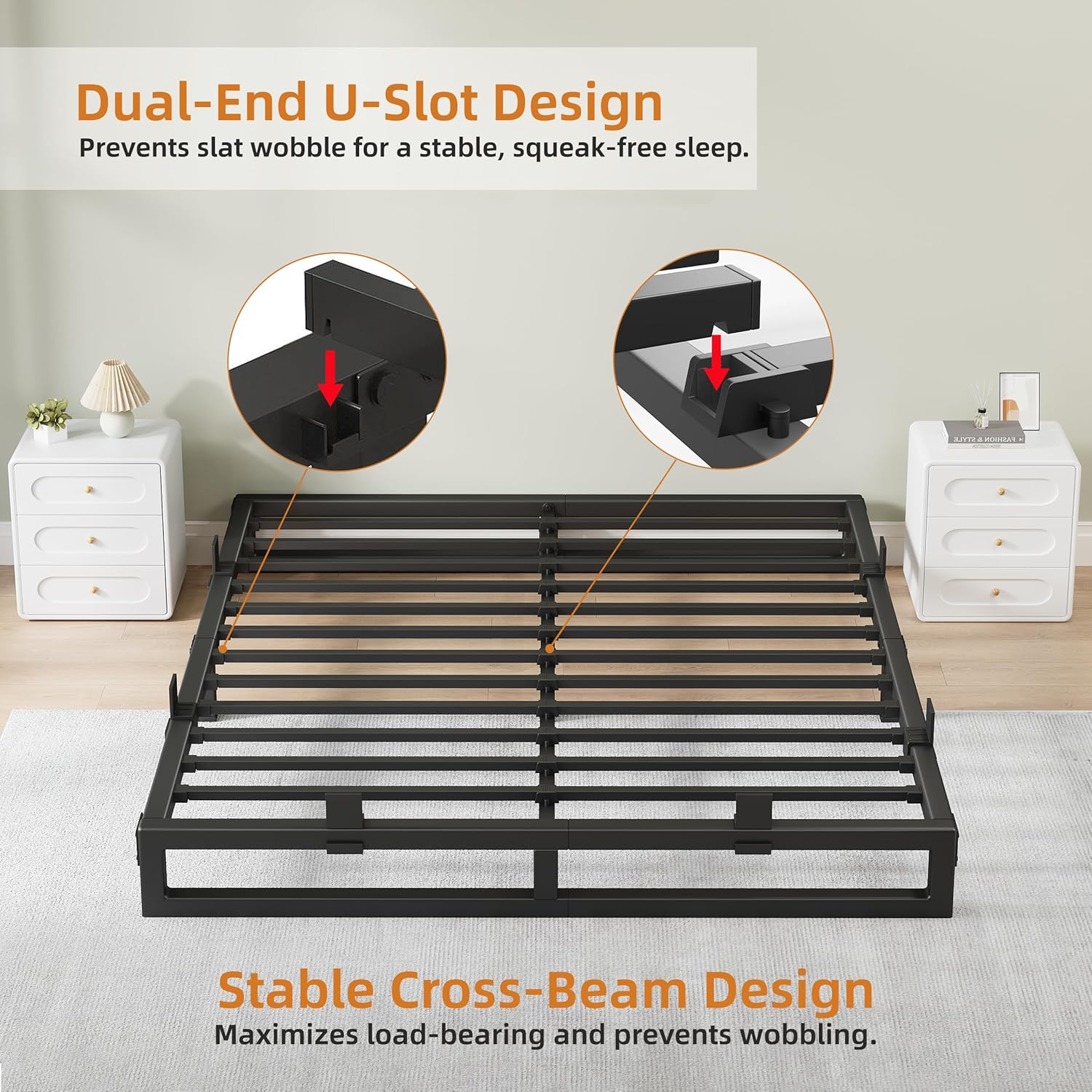 Full Size Bed Frame, 6 Inch Metal Platform Bed Frames with Squeak Free U-Slot Design, 6 Non-Slip Guards, 3500lbs Heavy Duty Steel Slat Support, No Box Spring Needed, Under Bed Storage, Black