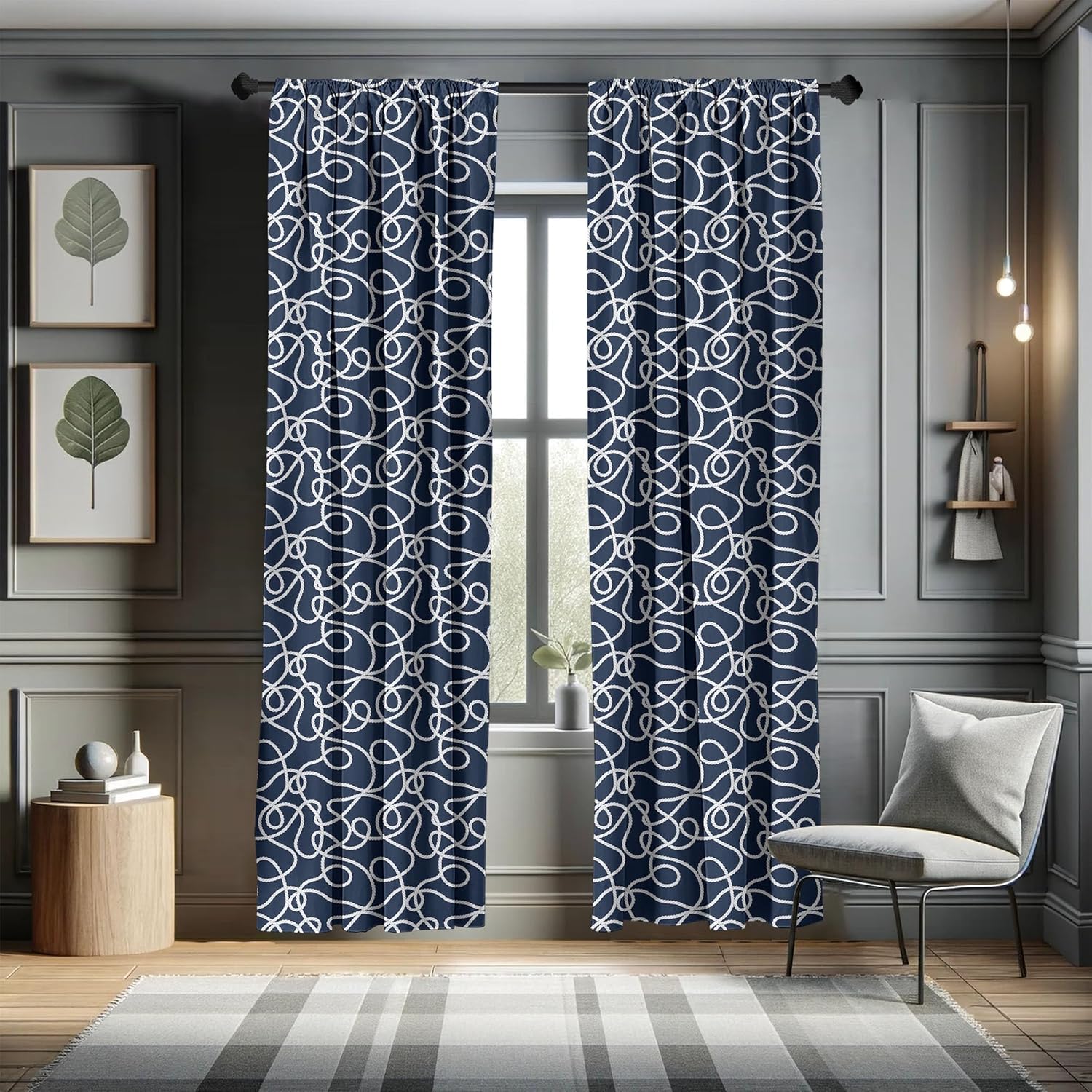 Ambesonne Navy Curtains, Under The Sea Atlantic Ocean Inspired Tangled Boat Ship Marine Image Print, Window Treatments 2 Panel Set for Living Room Bedroom, Pair of - 28" x 84", Navy Blue