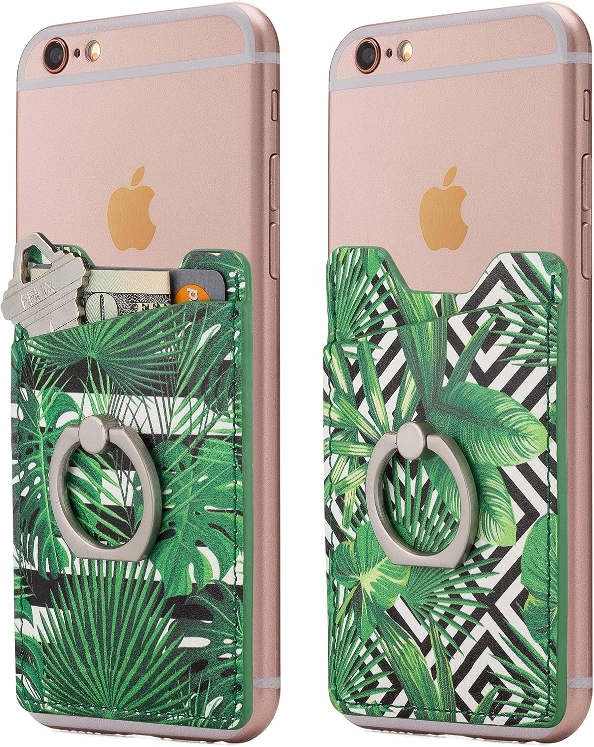 Cardly (Two Finger Ring and Cell Phone Stick on Wallet Card Holder Phone Pocket for iPhone, Android and All Smartphones. (Patterned Leaves)