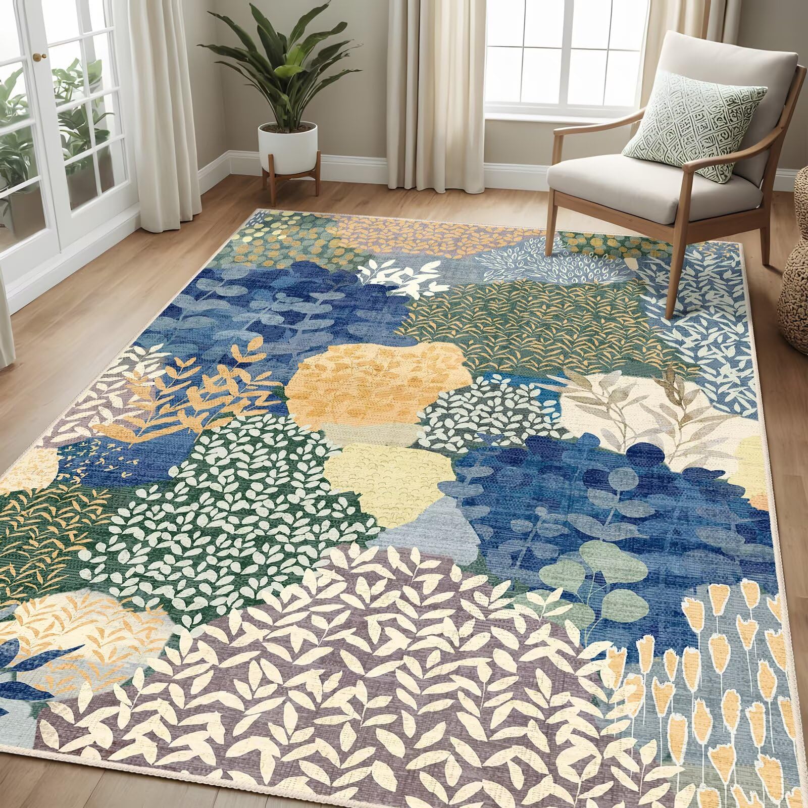 DEXDE Washable Area Rug 3x5 Low Pile Non-Slip Boho Small Carpet with Botanical Leaf Pattern, Soft Machine Washable Rug for Bedroom, Entryway, Living