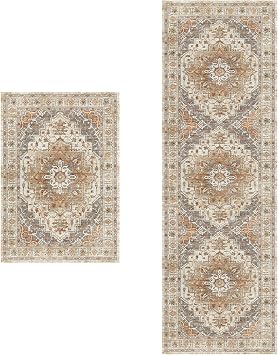 Madane Runner Rug 2x8 + Area Rug 2x3, Washable Hallway Runner Rugs, Non-Slip Low-Pile Soft Kitchen Runner, Vintage Laundry Room Entry Foyer Mat for Entrance Living Room, Turmeric/Grey