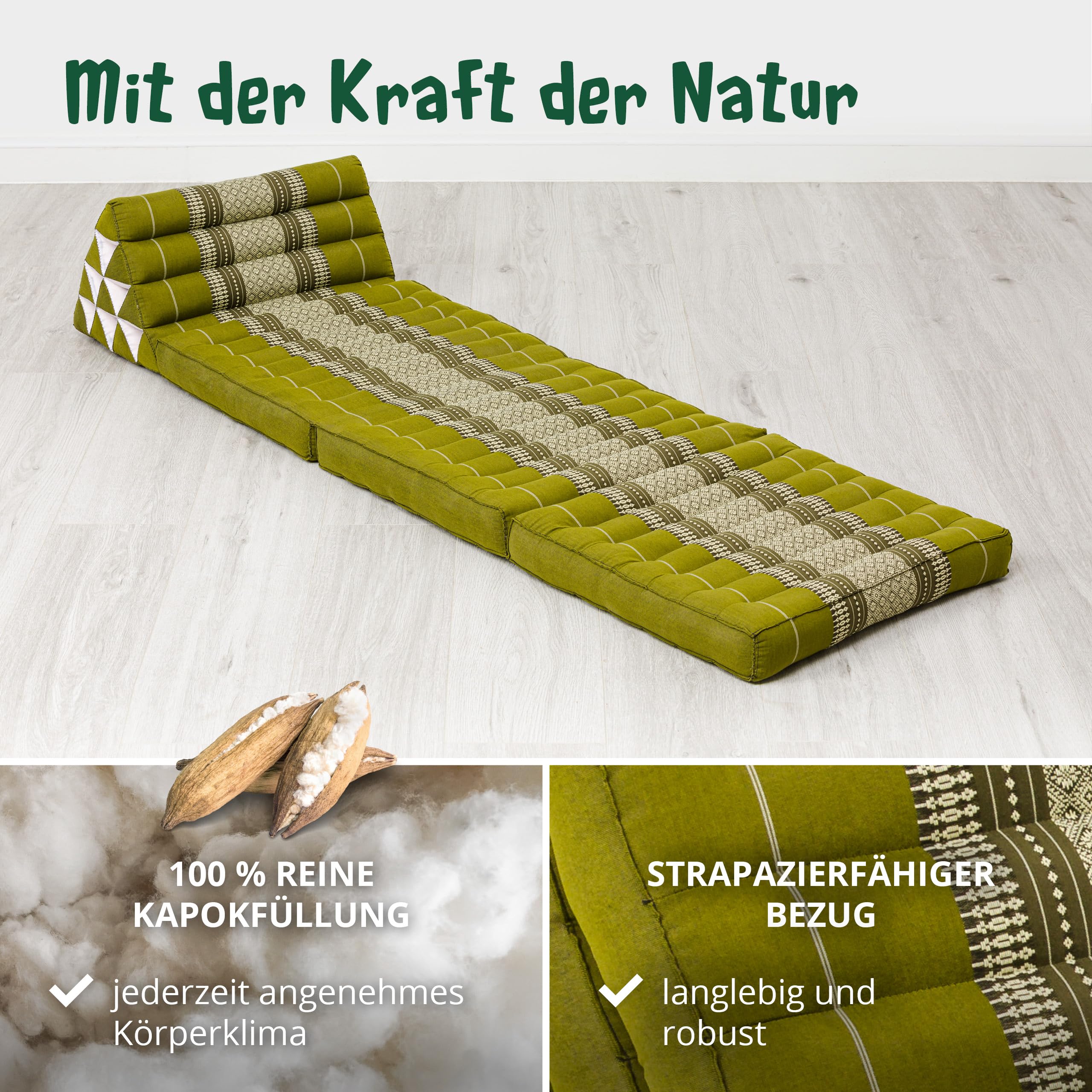 livasia Thaikissen mit 3 Auflagen - 175x50x8cm - Dreieckskissen mit Klappmatratze, Keilkissen Kapok, Rückenkissen faltbar, Thaimatte zum Klappen, handgefertigt, Meditationskissen (Grün)