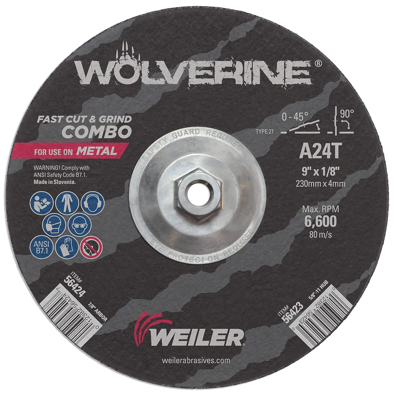 Weiler 56423 9" x 1/8" Wolverine Type 27 Cutting Wheel, A24R, 5/8"-11 UNC Nut (Pack of 10)