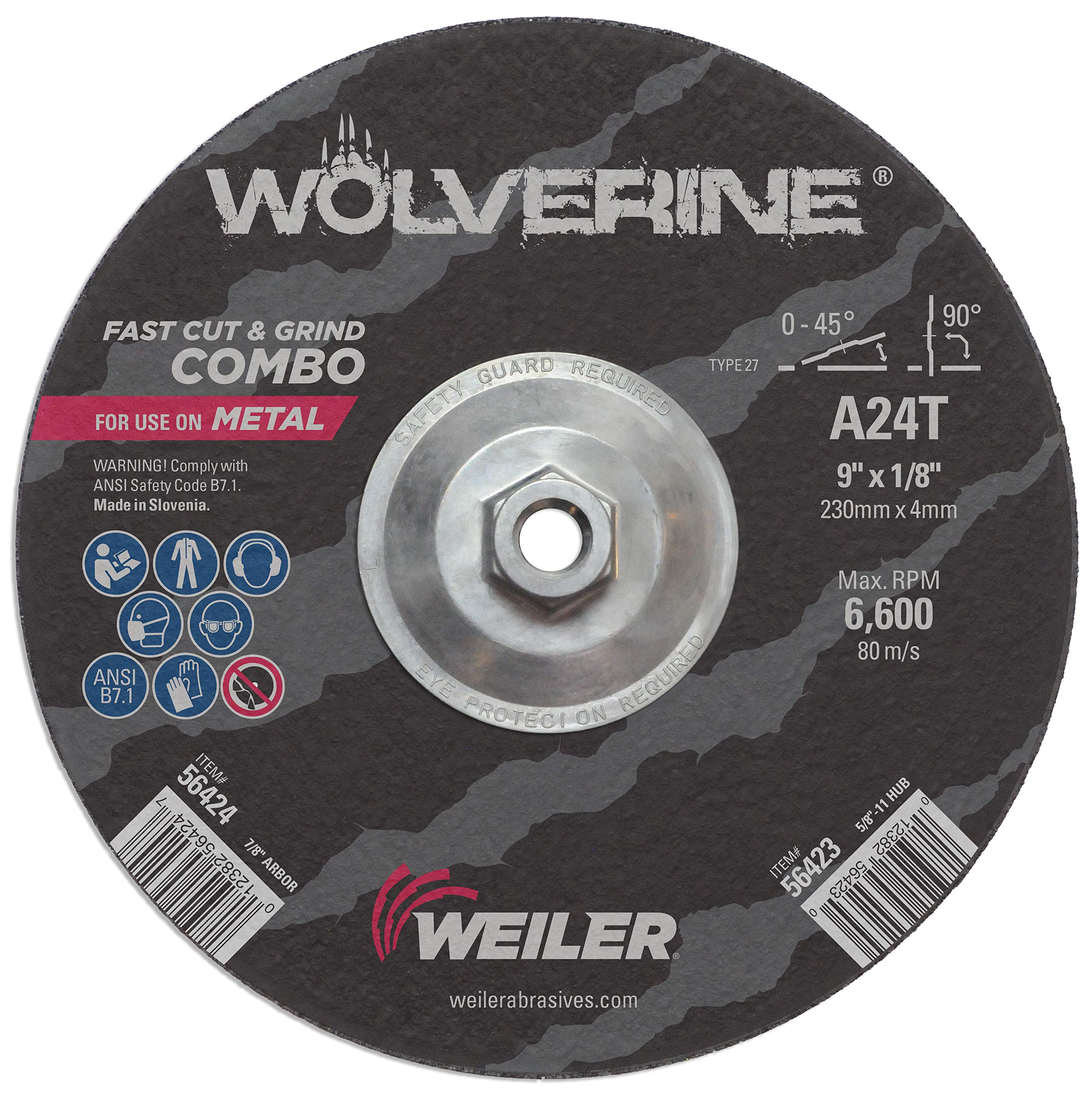 Weiler 56423 - Rueda de corte Wolverine tipo 27 de 9 x 1/8 pulgadas, A24R, tuerca UNC de 5/20.3 cm-11 (paquete de 10)
