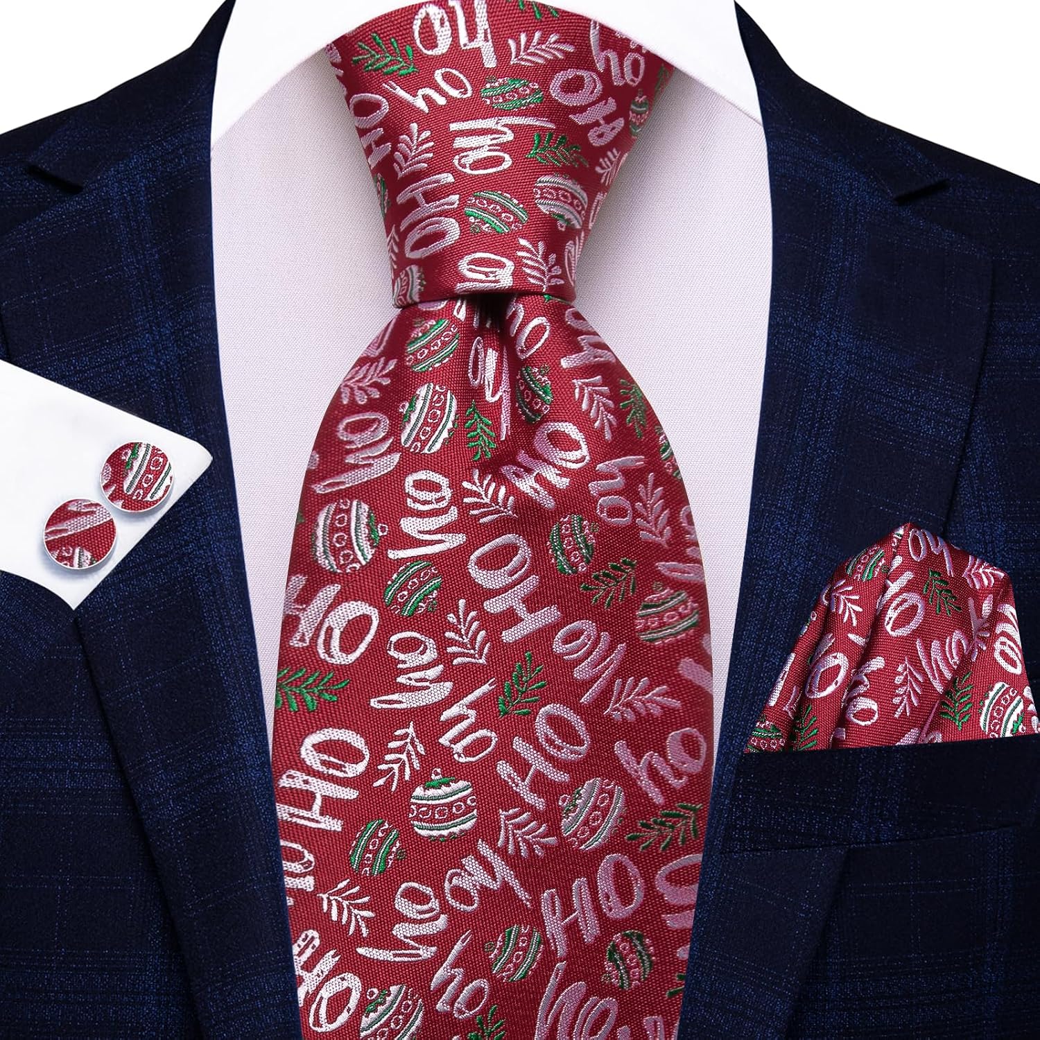Hi-Tie Christmas Ties for Men Snowflake Xmas Christmas Tie Festival Necktie Lapel Pin Pocket Square Cufflinks Set