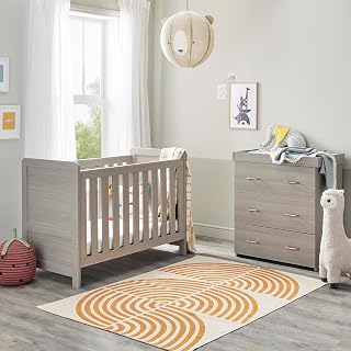 Caro Mini 2 Piece Nursery Room Set Grey Wash - 1 Baby Cot Bed & 1 Chest Changer With 3 Double Handle Drawers, Wooden Chest Of Drawer Storage Cabinet | 2 Piece Caro Mini Nursery Room Furniture