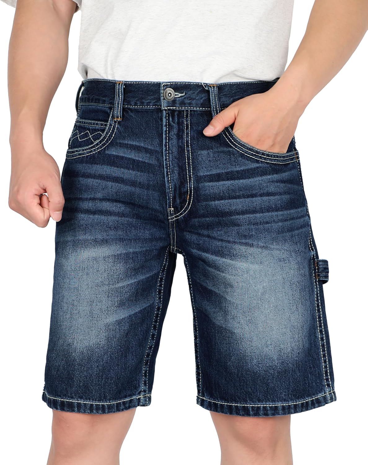 BOCOMAL Non FR - Men's Denim Shorts Carpenter Jeans EX-Soft Relaxed Fit | 100% Cotton, Retro Washed, Durable, Divided Cargo Pocket, Hammer Loop, for Worksite, Outdoor & Casual Wear