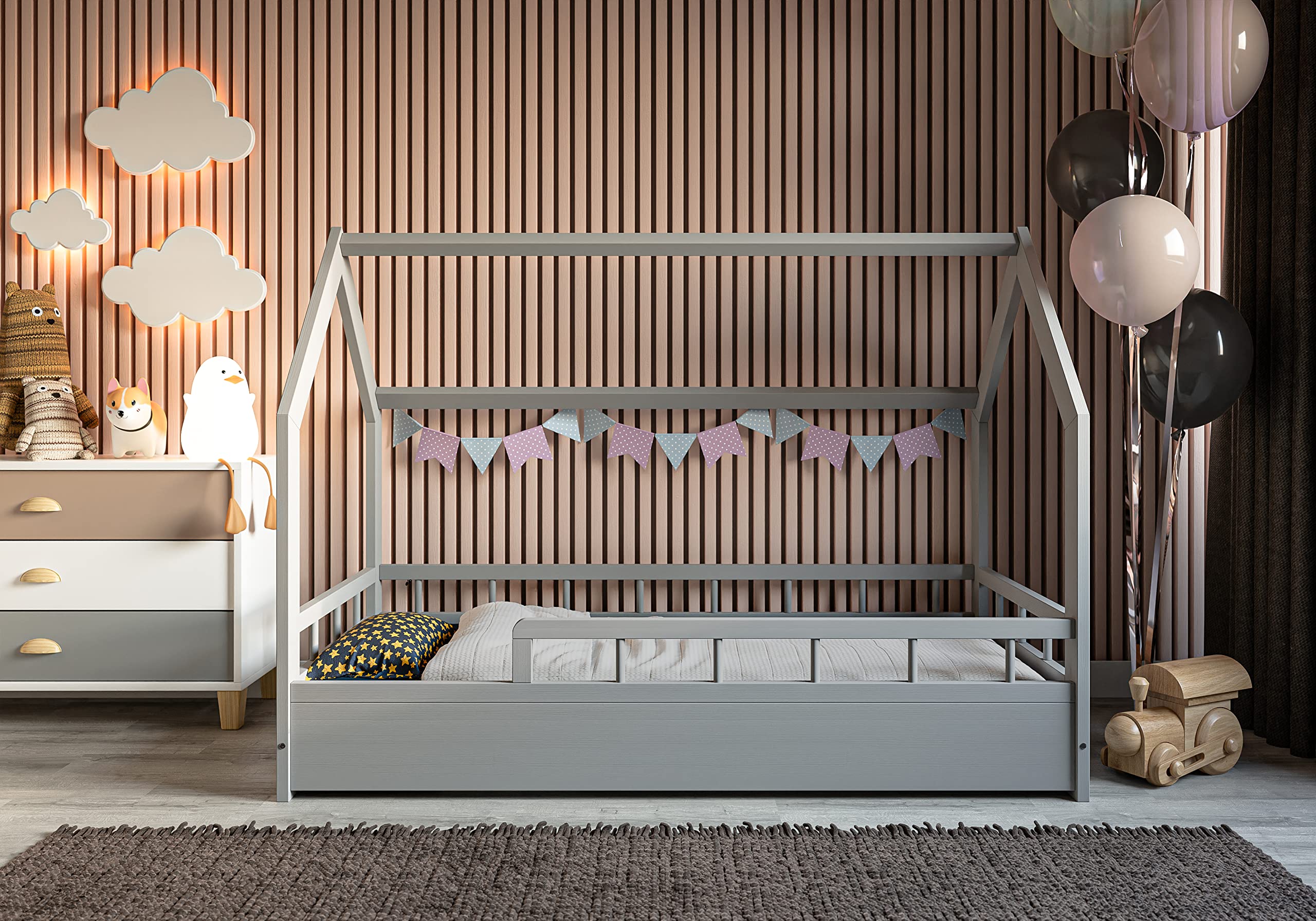 MS FACTORY Letto Casetta in Massello 80x160cm con Telaio a Doghe - Letto per Bambini Singolo con Sponda Anticaduta - Stile Scandinavo Nordico Montessori - Mezze Barriere Grigie