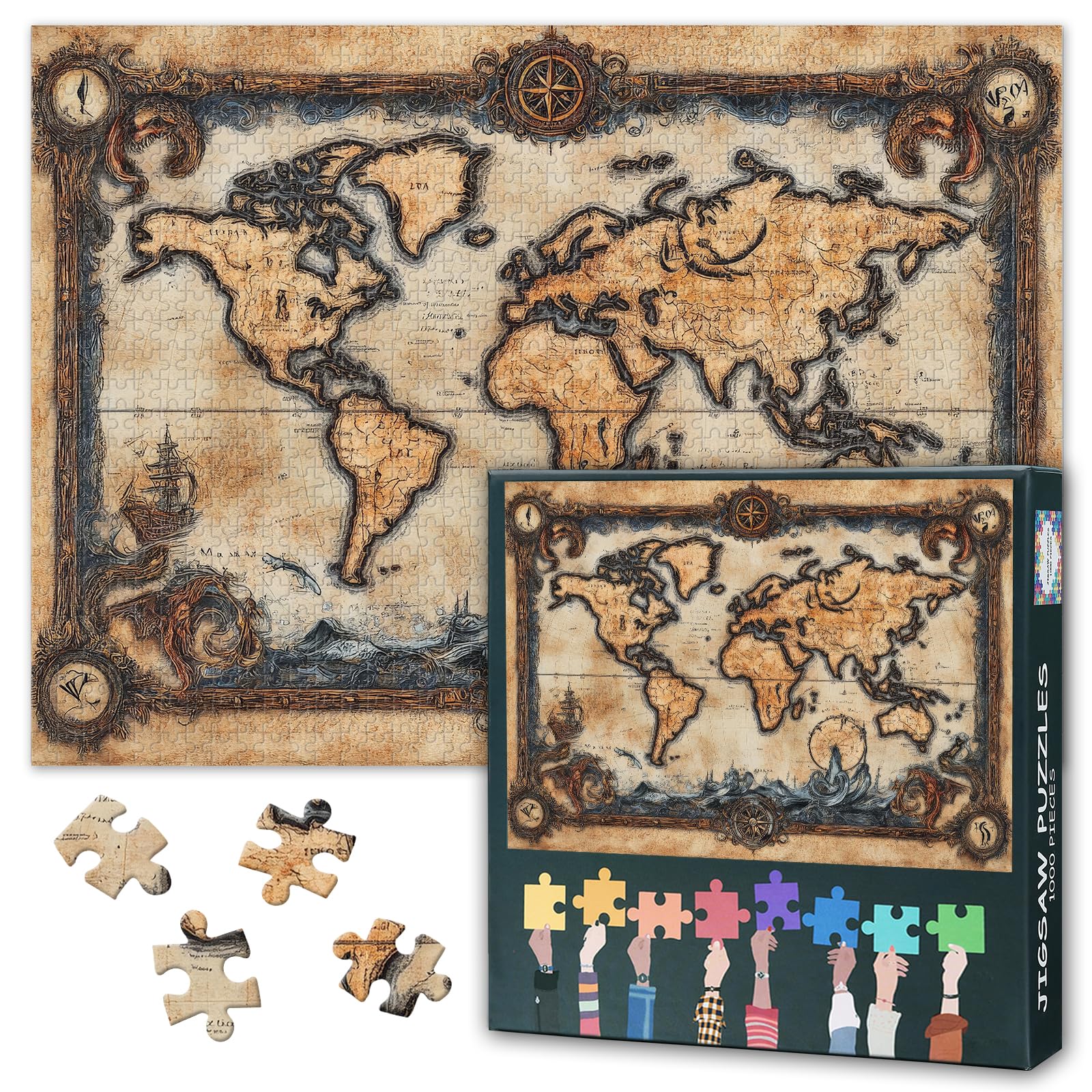 Antique World Map Jigsaw Puzzles 1000 Pieces for Adults Difficult Challenge World Map Puzzles for Adults Gifts Jigsaw Puzzle for Family Party Home Decoration 27.5"X19.7"
