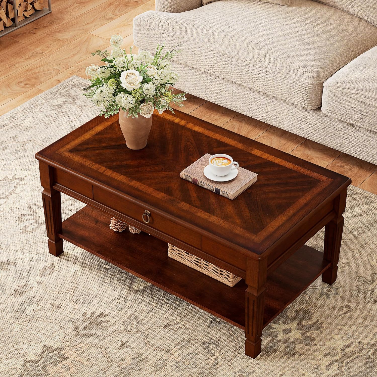 Vintage Wooden Coffee Table with Drawer, 39.4in Rectangular Center Table with Storage Shelf for Living Room, 2-Tier Wood Cocktail Table for Apartment/Home Office,Cherry Walnut