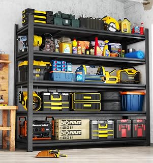 【Industrial Metal Adjustable Storage Shelving Units】Heavy Duty Steel Wire Rack for Garage, Basement, Shed & Kitchen - Standing Organizer Shelf with Black Finish - Tool Pantry Utility Storage Solution