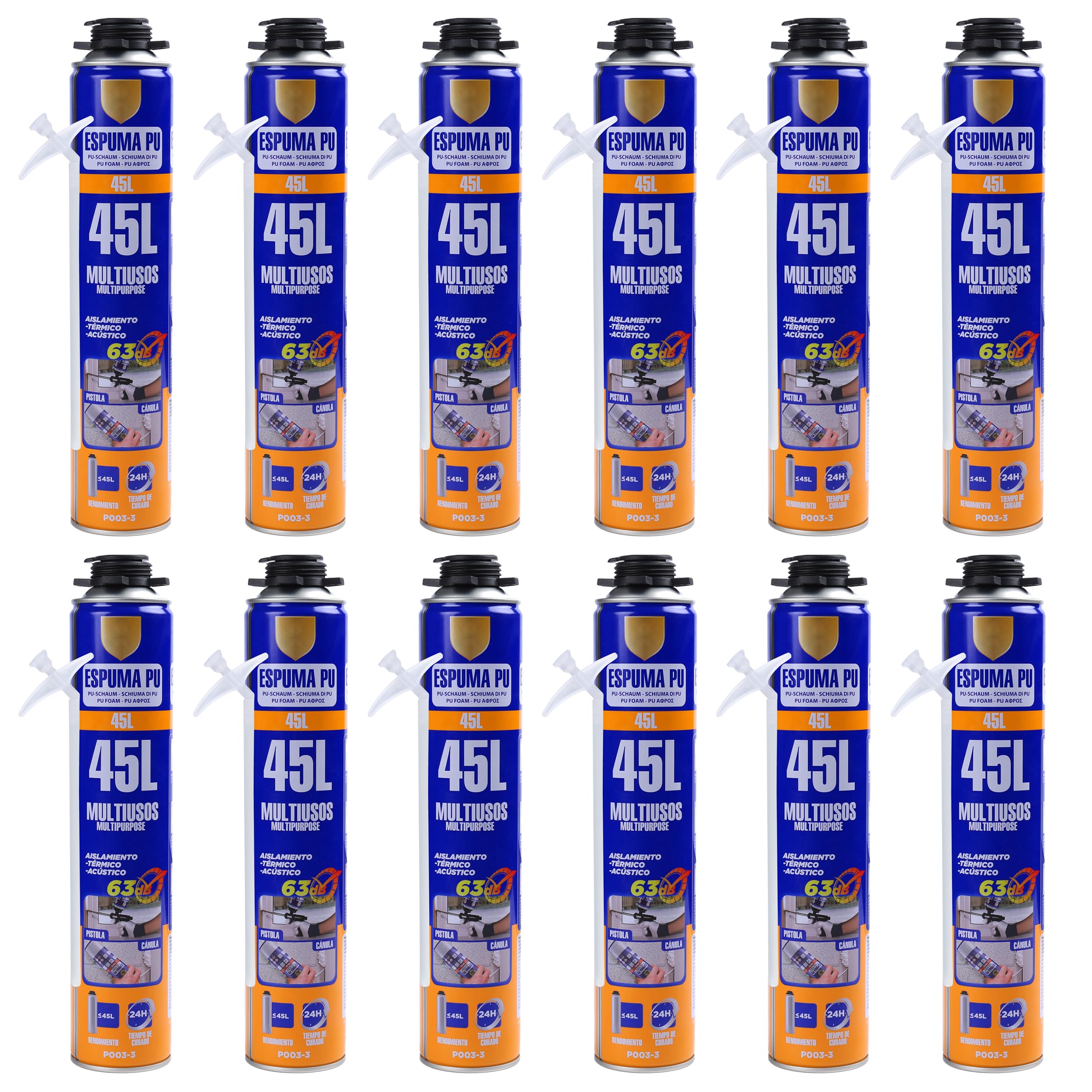 Espuma de Poliuretano 750ml con Cánula – Aislamiento Térmico y Acústico – Expansiva y de Secado Rápido – Para Construcción, Sellado y Reparación de Grietas, Pack de 12 unidades