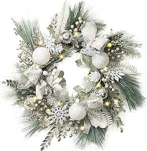 Valery Madelyn Weihnachtskranz Mit LED Beleuchtung - 40cm Türkranz In Weiß/Silber Mit Schneeeffekt