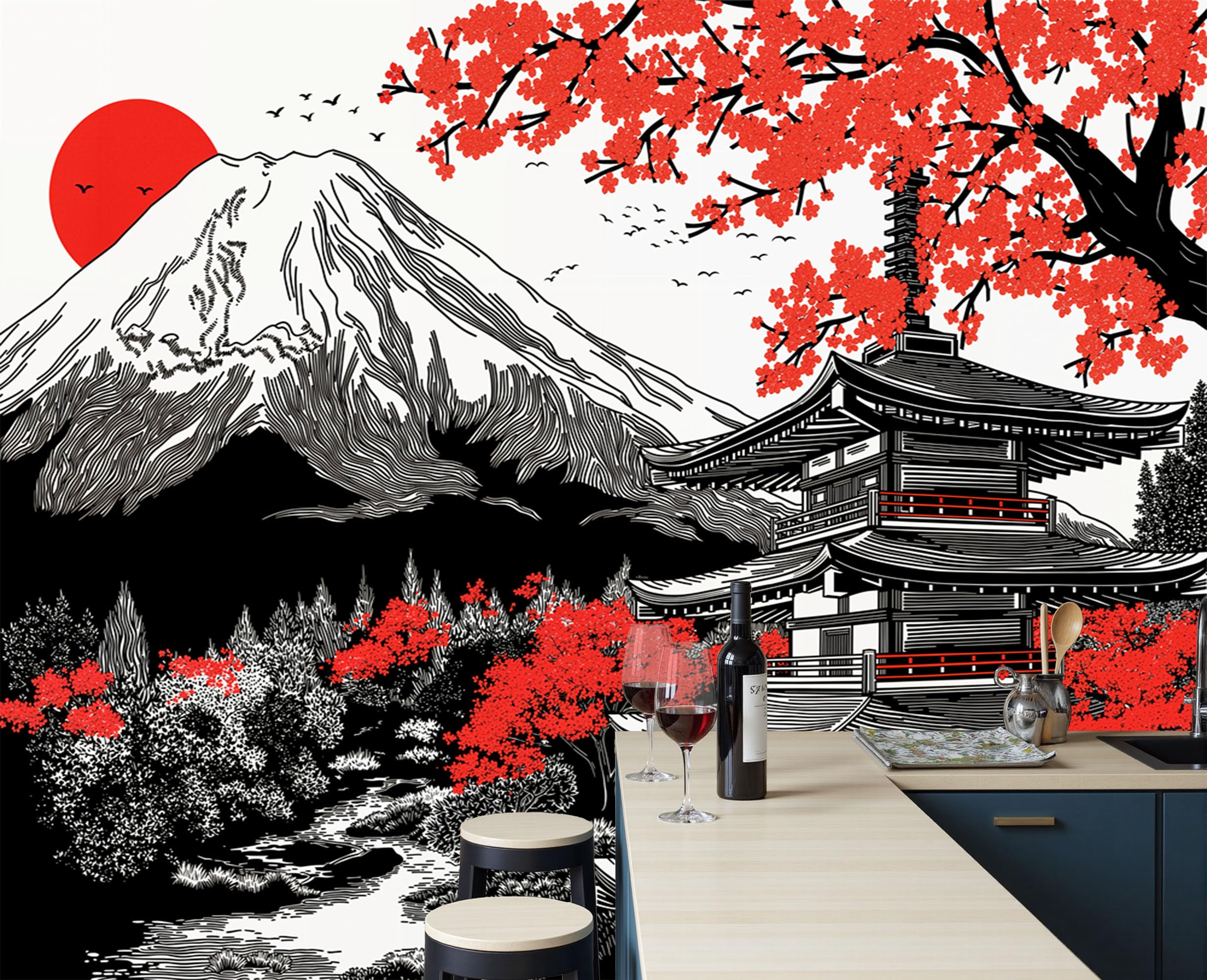 Papier peint panoramique japonais Mont Fuji, décor mural d'exception style estampe 3D