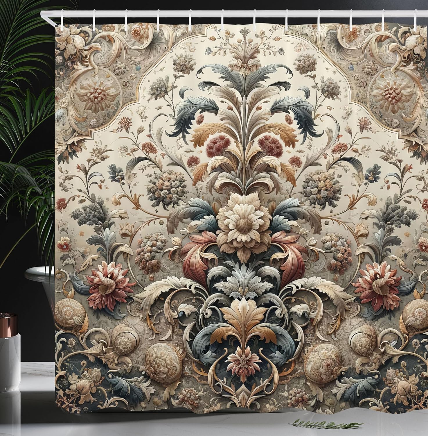 Ambesonne Rococo Shower Curtain, Palatial Ornaments of Flowers with Ethnic Influences Posh Blooms, Cloth Fabric Bathroom Decor Set with Hooks, 69" W x 70" L, Tan Dark Blue and Pale Ruby