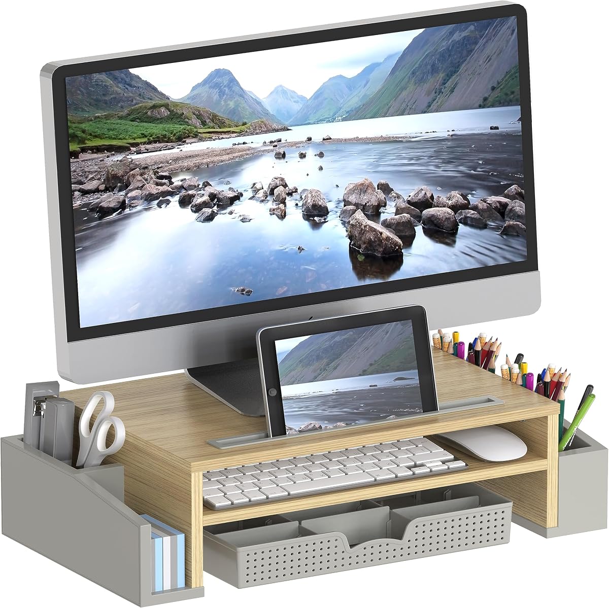 Soporte elevador para monitor de escritorio con bandeja ajustable, roble | Ranura para tableta integrada y almacenamiento lateral