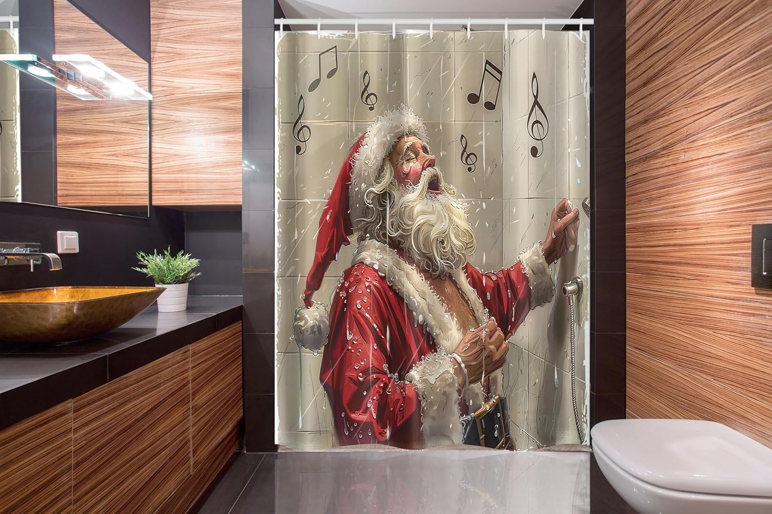 Ambesonne Christmas Stall Shower Curtain, Vintage Illustration of Santa Claus Singing in The Shower Xmas Theme, Fabric Bathroom Decor Set with Hooks, 54" W x 78" L, Camel Beige Hot Pink
