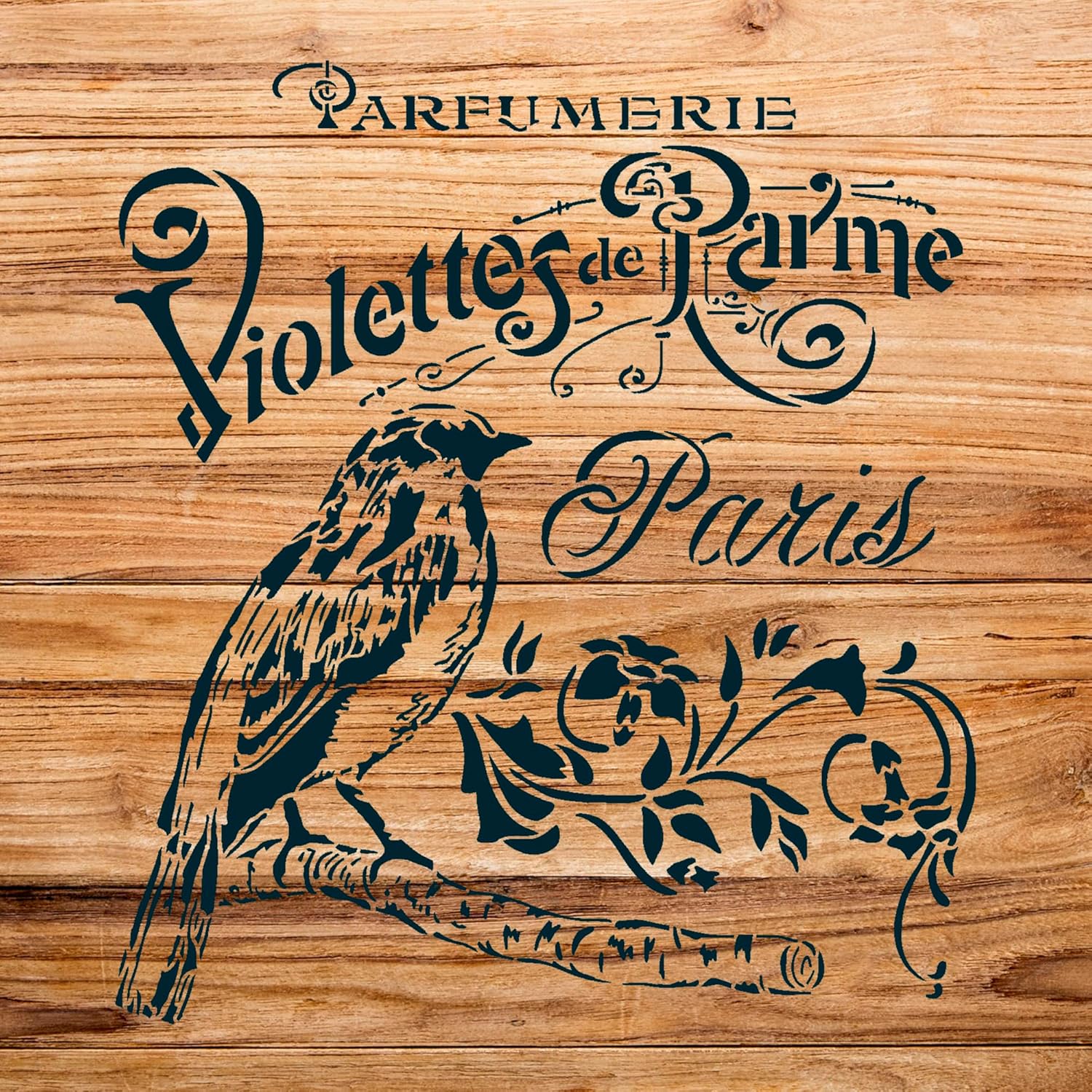 French Antique Bird Stencil with Flowers for Walls and Crafts, Vintage Script Design, Ideal for Home Decor and DIY Projects - Size A1 (23.4" x 23.4")