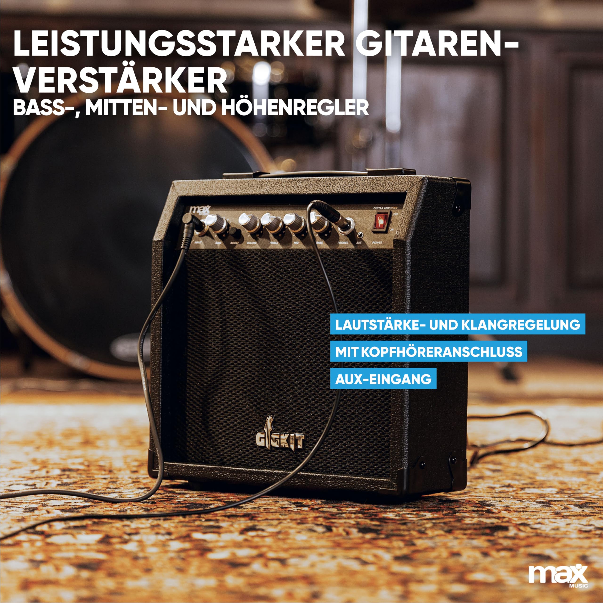 Max GigKit E Gitarre Quilted Style, E Gitarren Set mit Verstärker, Gitarrentasche, Plektrum, Stimmgerät Gitarre, Instrumentenkabel, Ersatzsaiten und Gitarrengurt, 22 Bünde - Dunkel Blau