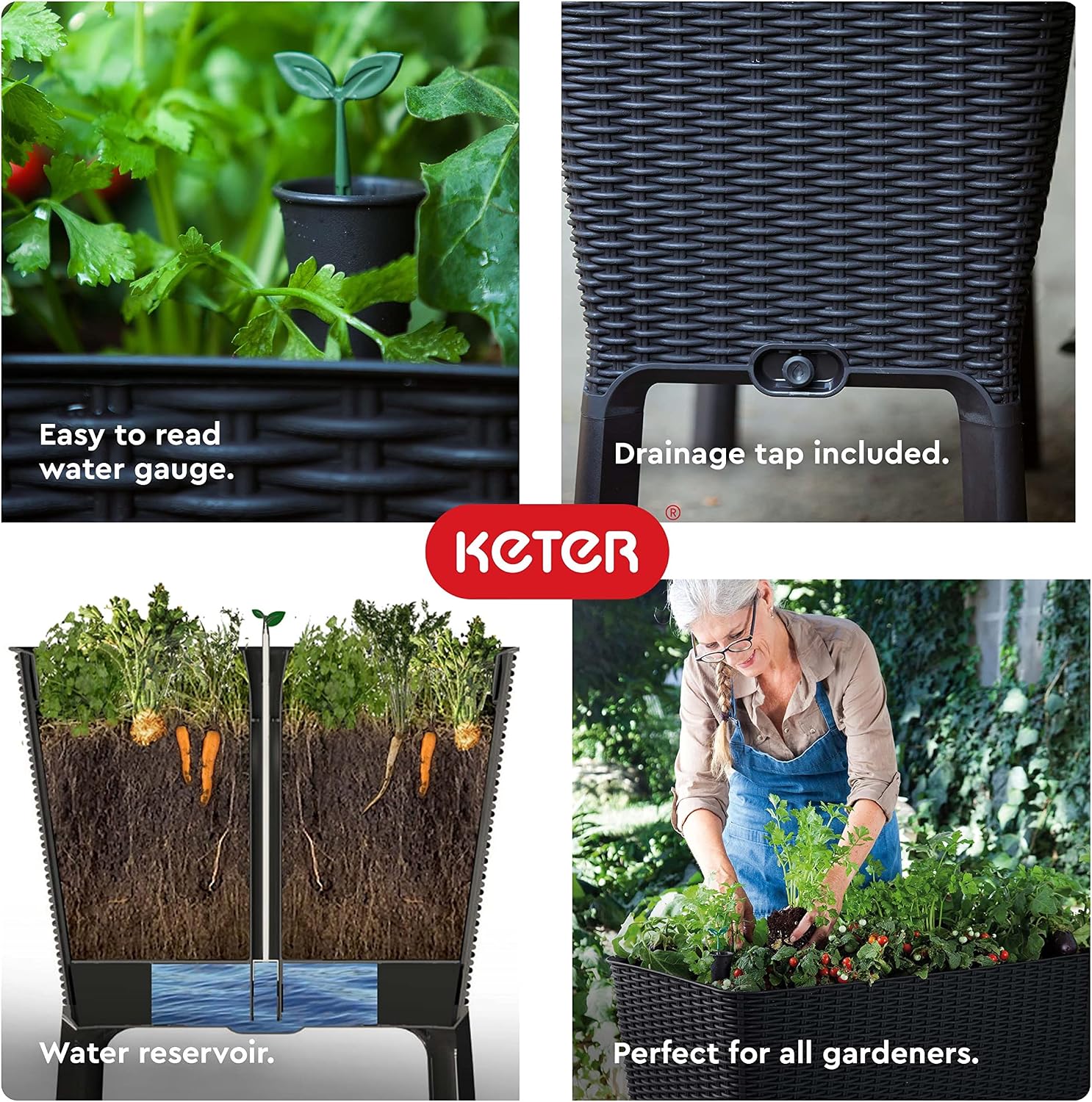 Keter Easy Grow 31.7 Gallon Raised Garden Bed with Self Watering Planter Box and Drainage Plug-Perfect for Growing Fresh Vegetables, Flowers and Herbs