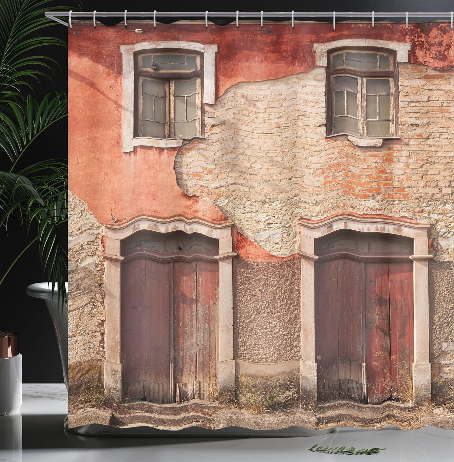 Ambesonne Rustic Shower Curtain, Abandoned Facade with Wood Windows and Doors in Portugal with Damaged Rusty Look, Cloth Fabric Bathroom Decor Set with Hooks, 70" Long, Coral Cream