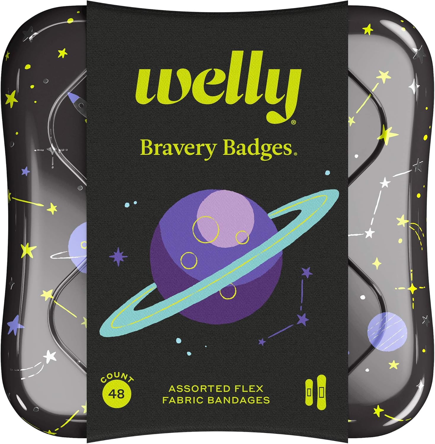 Welly Bandages | Adhesive Flexible Fabric Bravery Badges | Assorted Shapes for Minor Cuts, Scrapes, and Wounds | Colorful and Fun First Aid Tin | Space Patterns - 48 Count : Baby