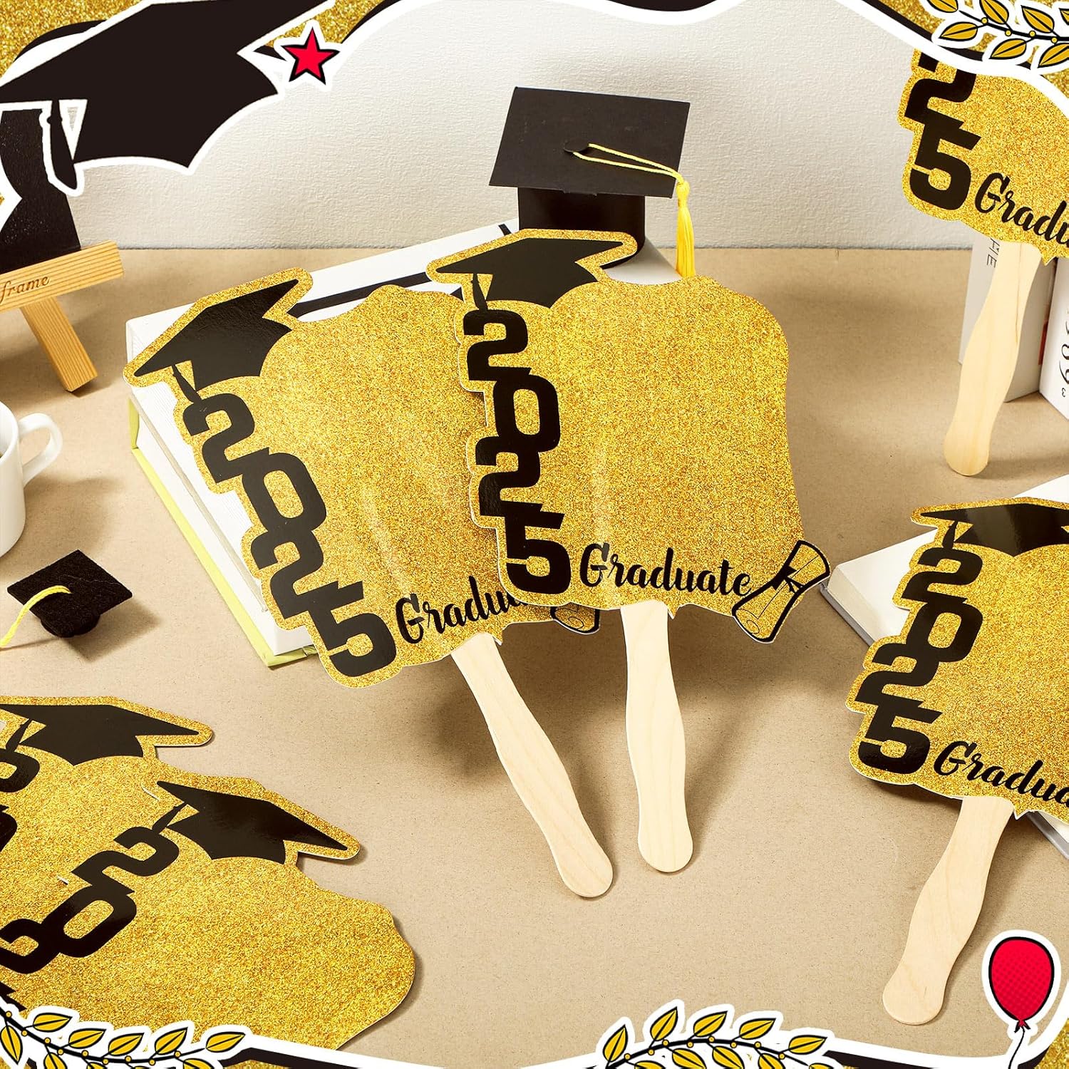 24 Pcs Custom Graduation Cutout Face Fans with Handle Double Sided Personalized Black and Gold Grad Party Supplies Class of 2025 Grad Photo Props Blank DIY Photo Frame for Graduation Party Souvenirs