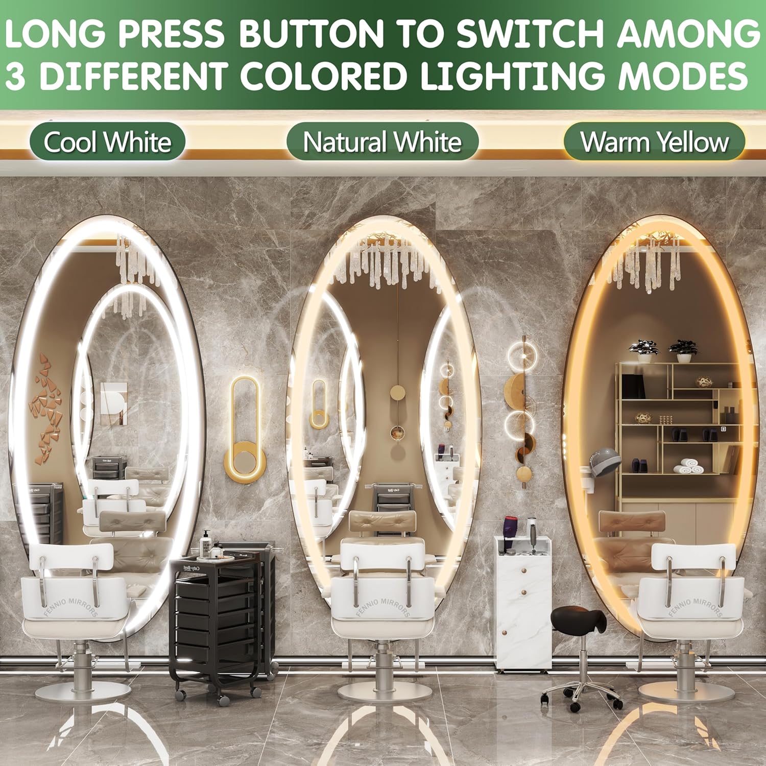 fennio 70" x 36" large wall mounted mirror with led lights, oval full length led lighted full body dressing mirror for bedroom, salon, brushed aluminum frame, tempered glass black/ pointed oval 70"l x 36"w