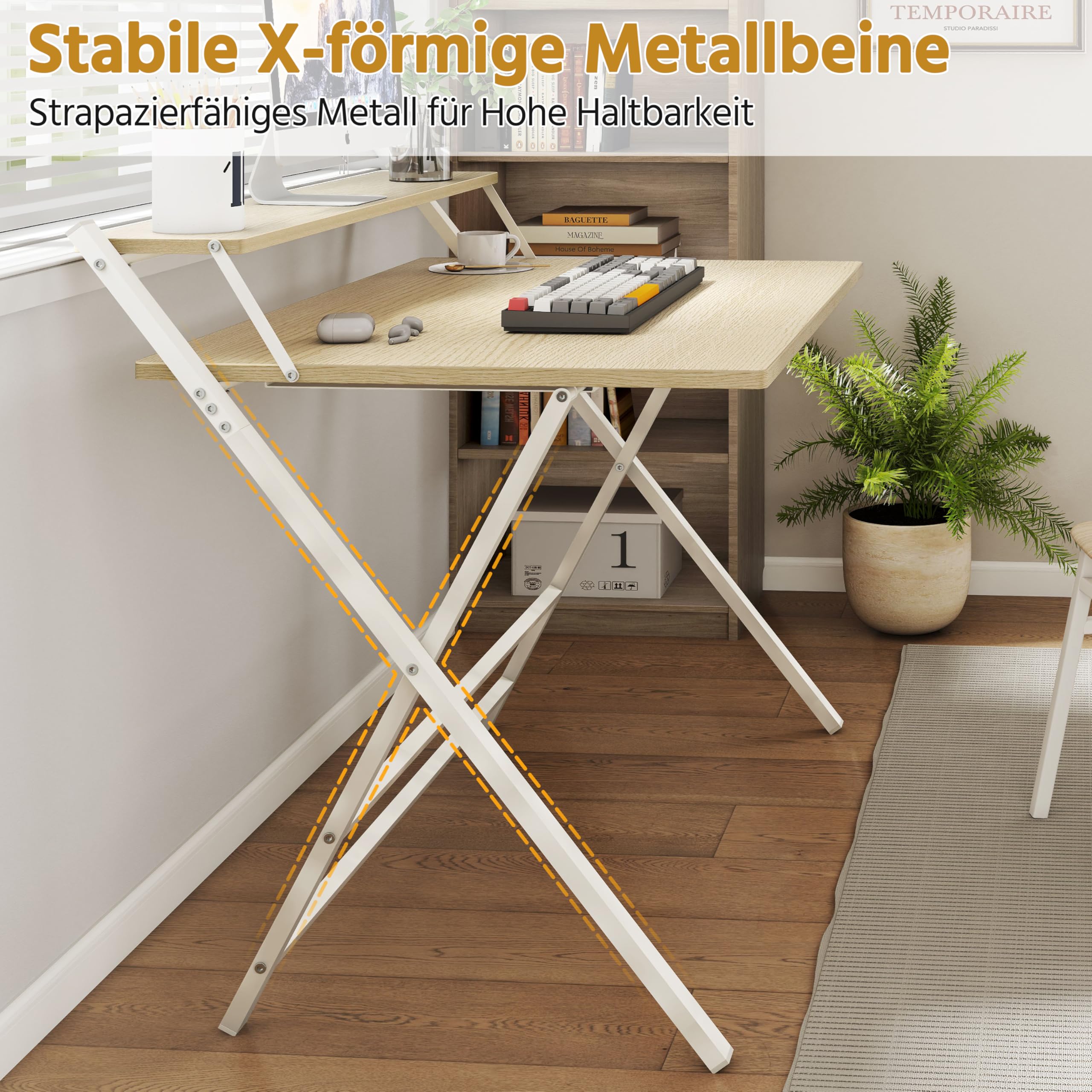 Yaheetech Schreibtisch Klappbar, 100 cm Computertisch mit Ablage, 2-Stufiger Arbeitstisch mit Monitorständer, Laptoptisch für Homeoffice/Kleine Räume/Wohnzimmer, Helle Holzfarbe/100 cm L × 50 cm B | 2-Stufiger Arbeitstisch mit Monitorständer, Laptoptisch