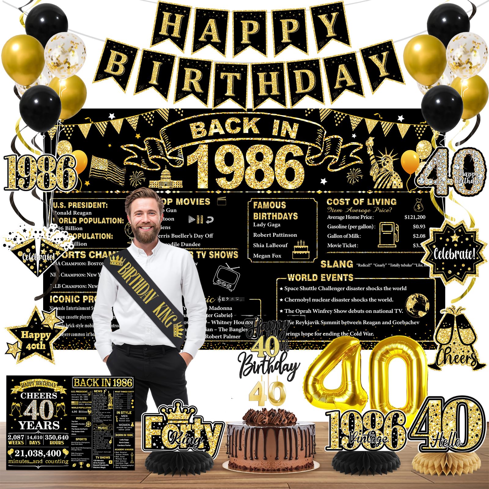 40th Birthday Decorations for Men, Black Gold Back In 1986 Party Supplies Set with Sash, Banner, Backdrop, Balloons & Cake Topper for 40 Year Old
