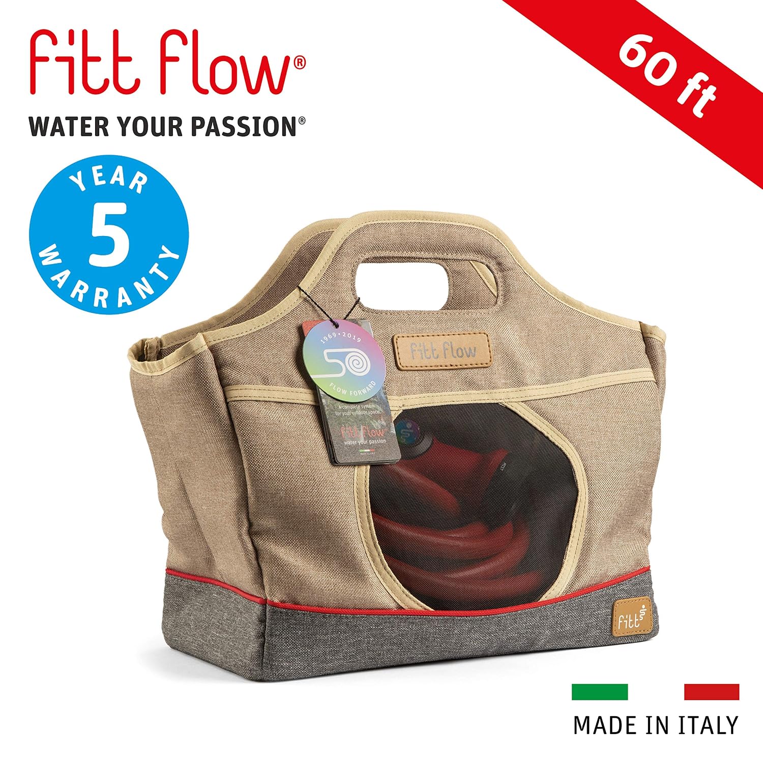 FITT FLOW Expandable 60 ft Patio Garden Hose, 6 layers Lightweight Flexible hybrid polimer, expanding from 30 ft over 50 ft, 3x lighter than others