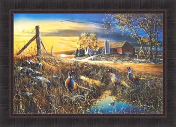 Roadside by Jim Hansel 24x33 Pheasants Ringnecks Roosters Birds Farm Barn Framed Art Print Picture