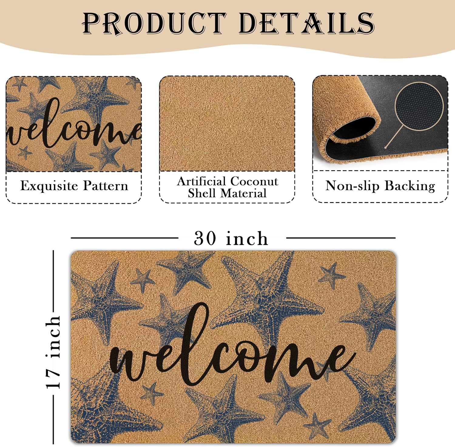 Coastal Starfish Door Mat, Nautical Blue Starfish Welcome Front Door Mat Rug Outdoor Indoor Entrance, Beachy Ocean Artificial Coir Doormat for Beach House Porch Patio Entry, 30x17 Inch