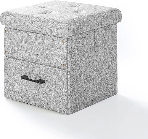 Miniatura 3 de Otto & Ben Stockbox otomana con cajón de almacenamiento, taburete plegable de cubo de 15 pulgadas, gris claro