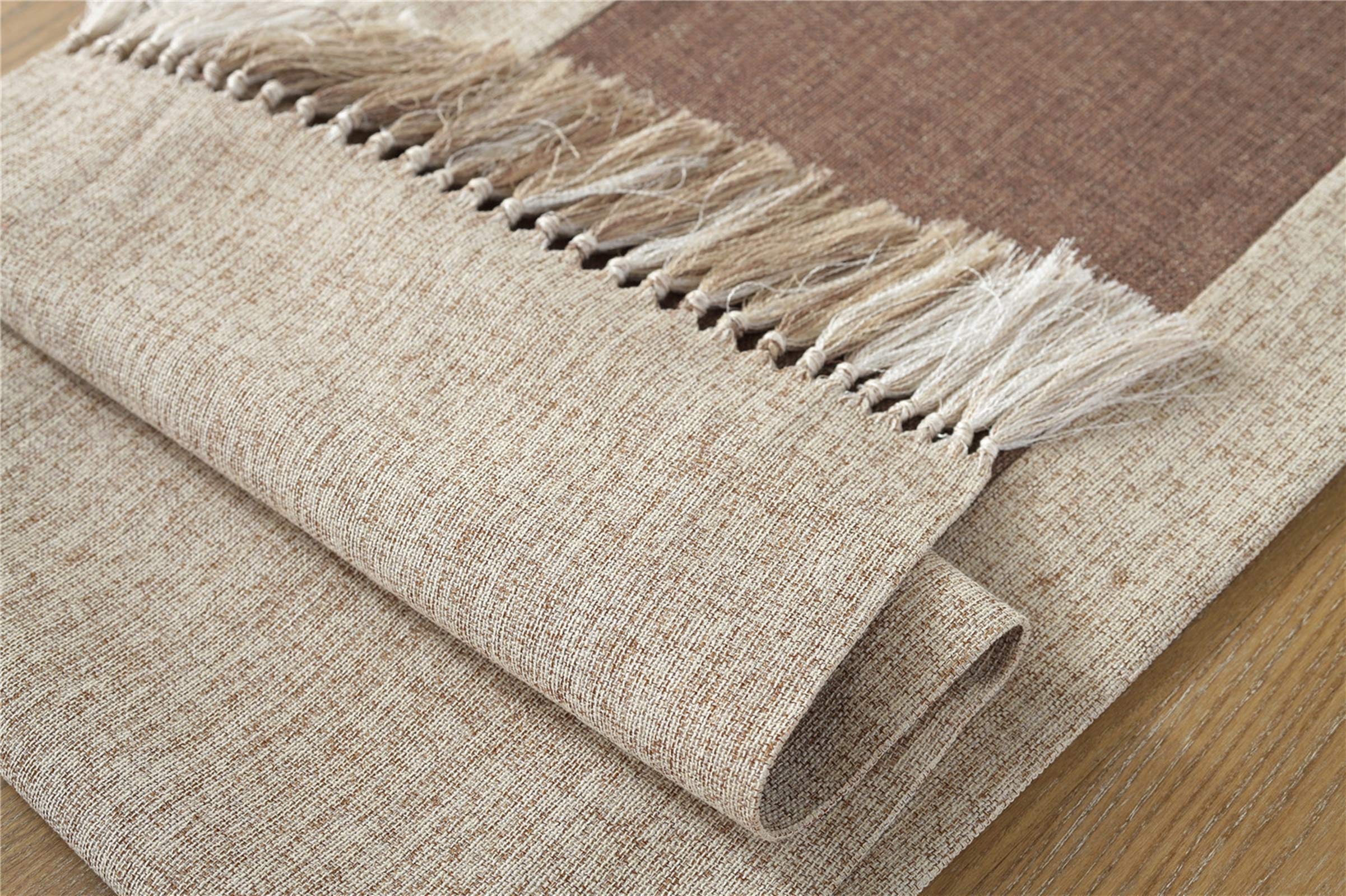 Tavola Runner Lino Cotone, Runner Cucina Marrone con Nappa Runner Da Tavola Lavabile, 38x220CM